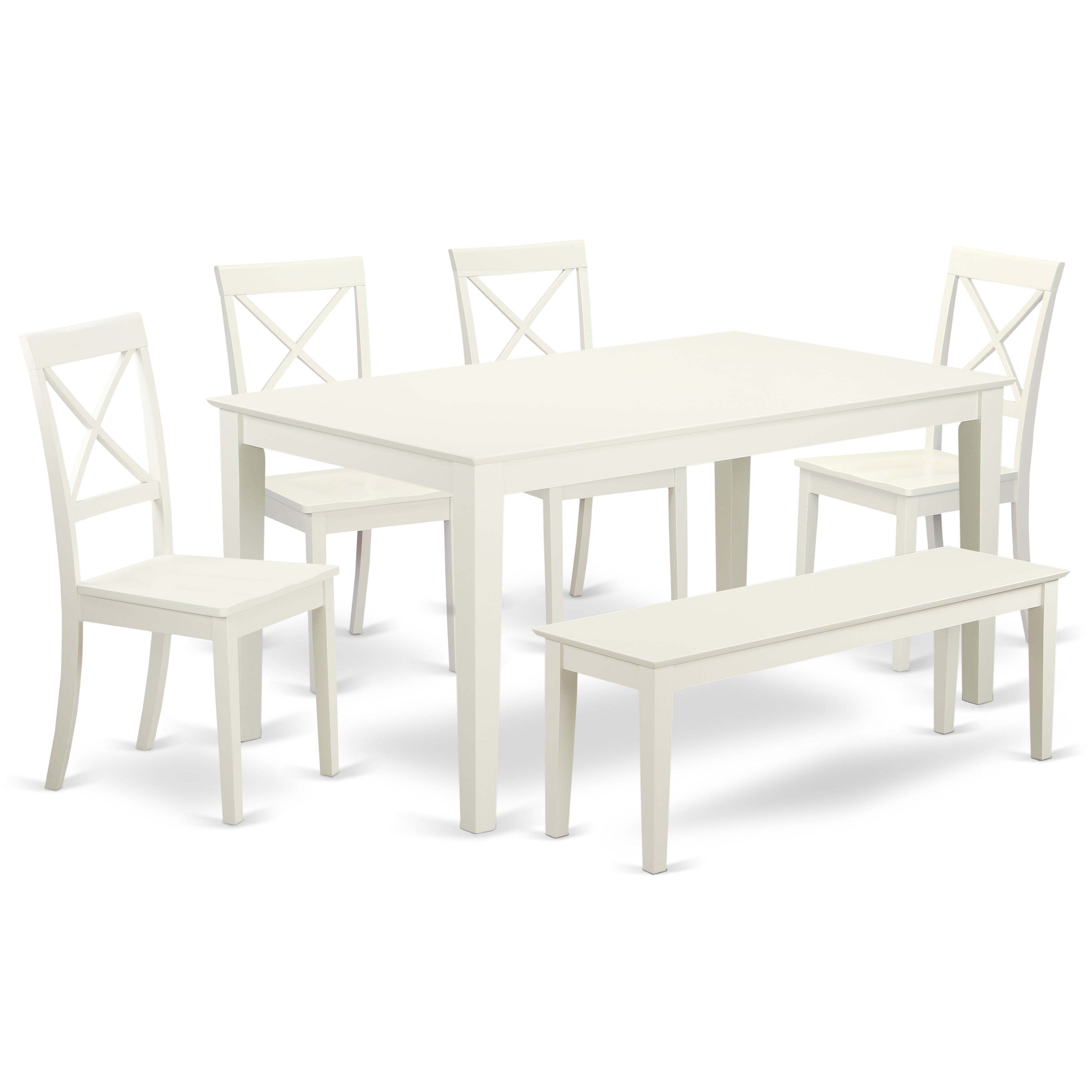 CABO6-LWH-W 6 Piece dining room Set for 6 set-Dining table and 4 Wood Seat Dining Chairs plus 1 Bench in Linen White