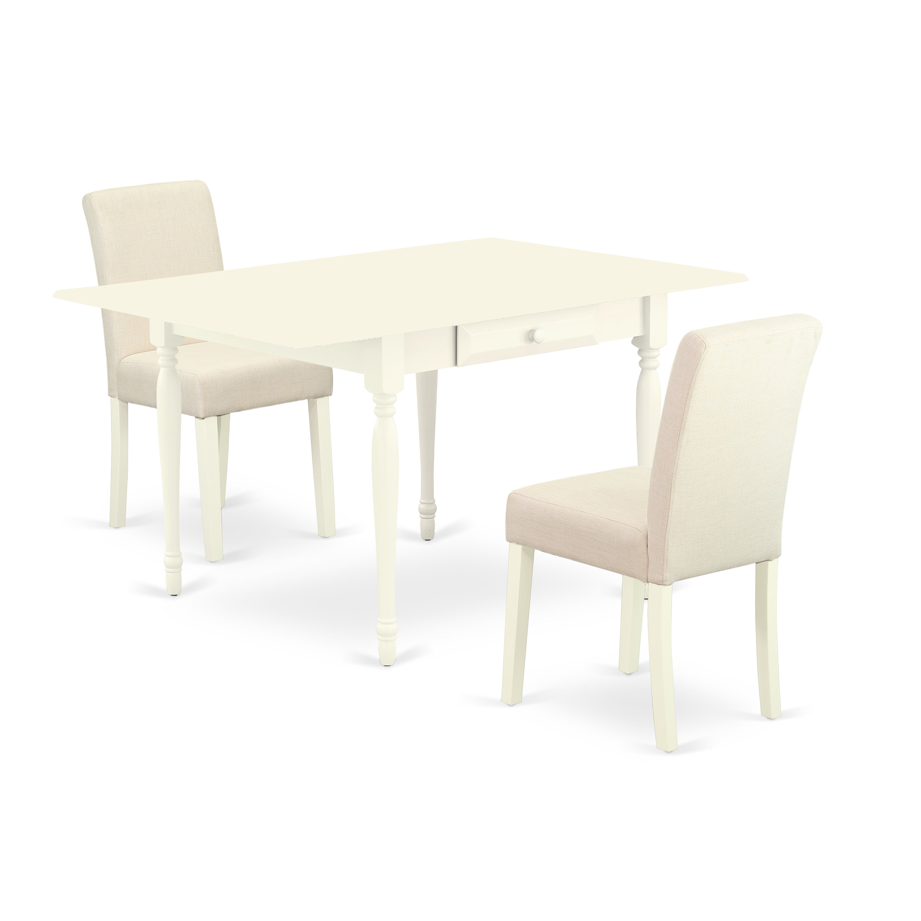 East West Furniture MZAB3-LWH-02 3Pc Dining Room Table Set Consists of a Wood Dining Table and 2 Upholstered Dining Chairs with Light Beige Color Linen Fabric, Drop Leaf Table with Full Back Chairs, Linen White Finish