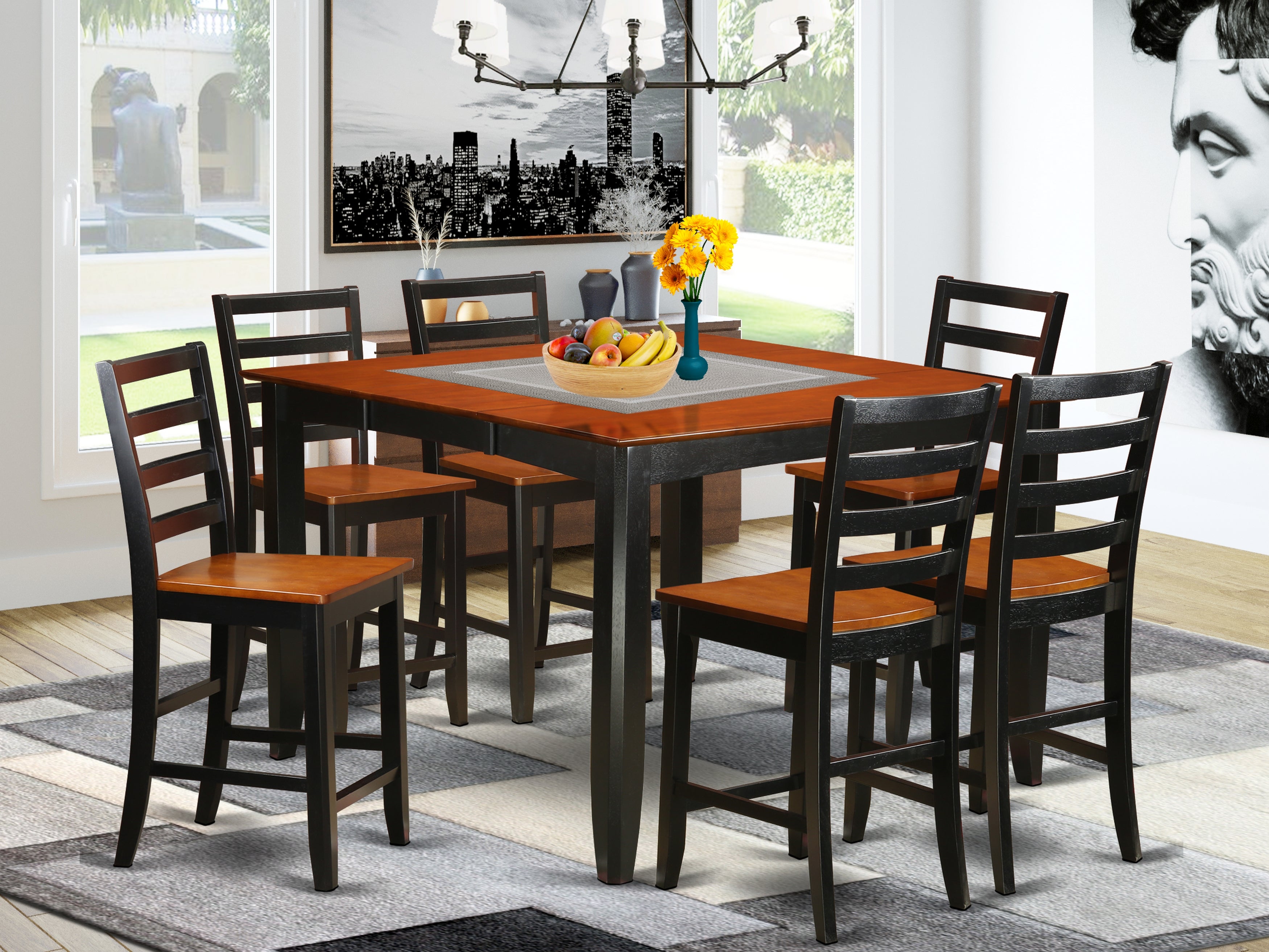 FAIR7-BLK-W 7 Pc pub Table set- Square Counter height Table and 6 Dining Chairs