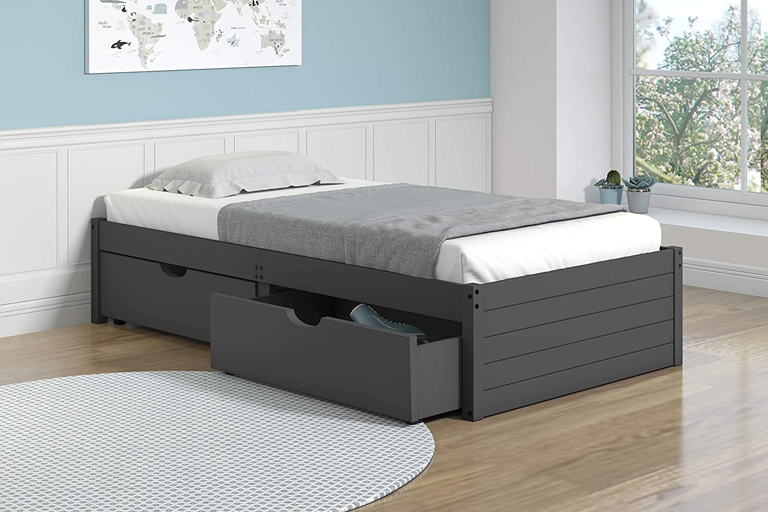 Donco Kids Twin Platform Bed in Dark Grey w/Dual Under Bed Drawers