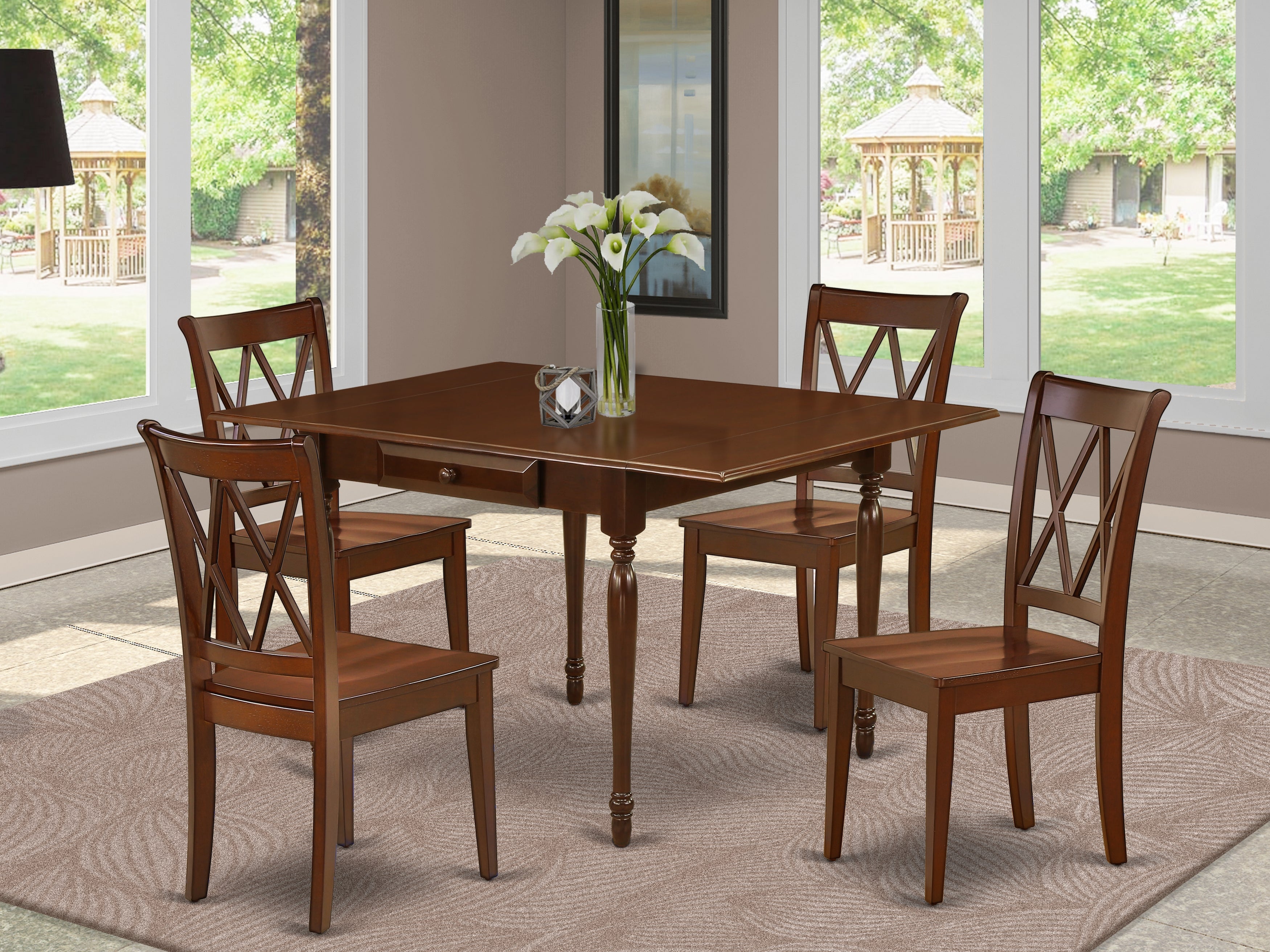 East West Furniture MZCL5-MAH-W 5Pc Modern Dining Table Set Includes a Small Dining Table and 4 Wood Dining Chairs with Wooden Seat, Drop Leaf Table with Double X Back Chairs, Mahogany Finish