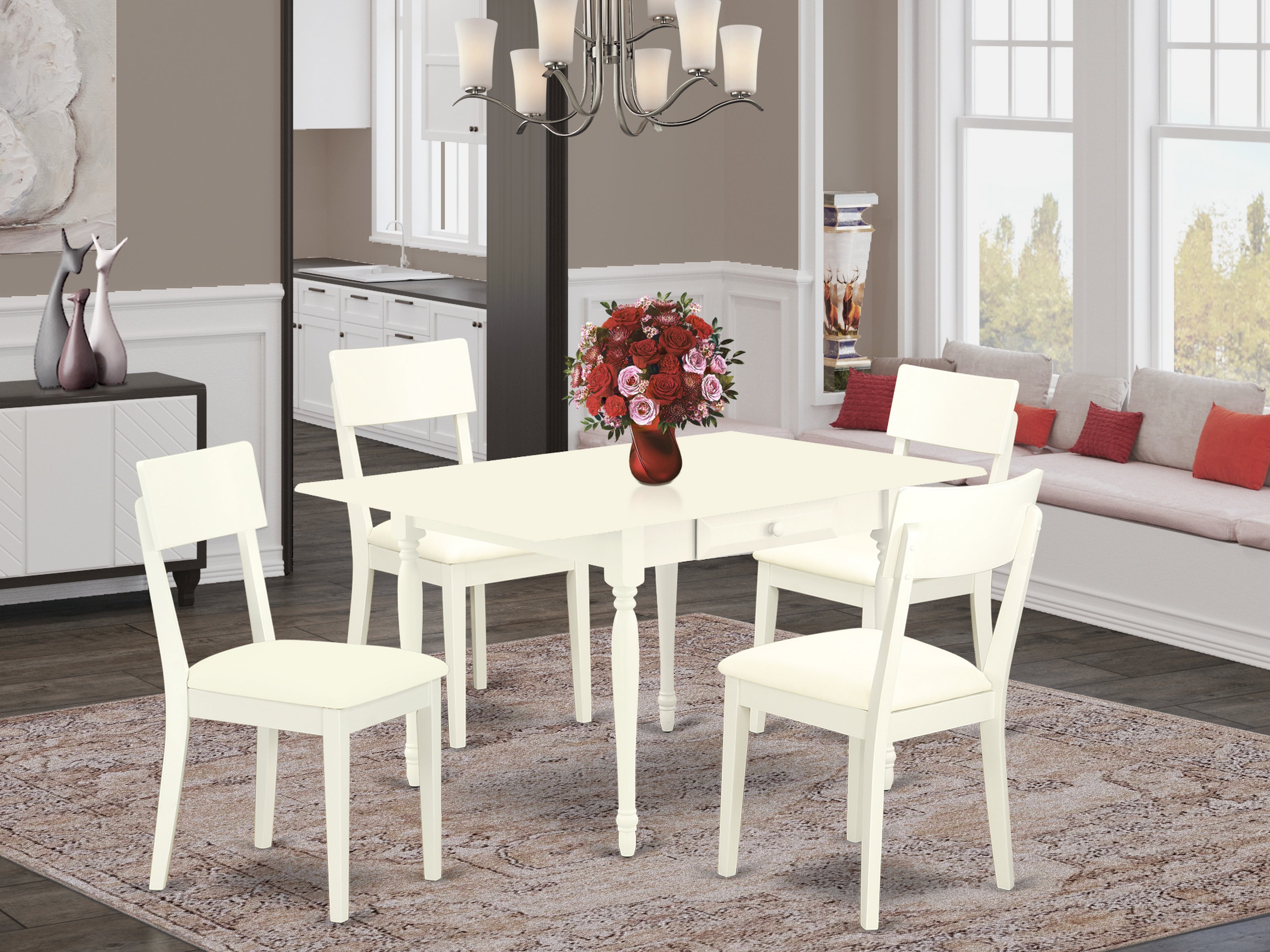 East West Furniture MZAD5-LWH-LC 5Pc Dining Room Table Set Offers a Modern Dining Table and 4 Dining Room Chairs with Faux Leather Seat, Drop Leaf Table with Ladder Back Chairs, Linen White Finish