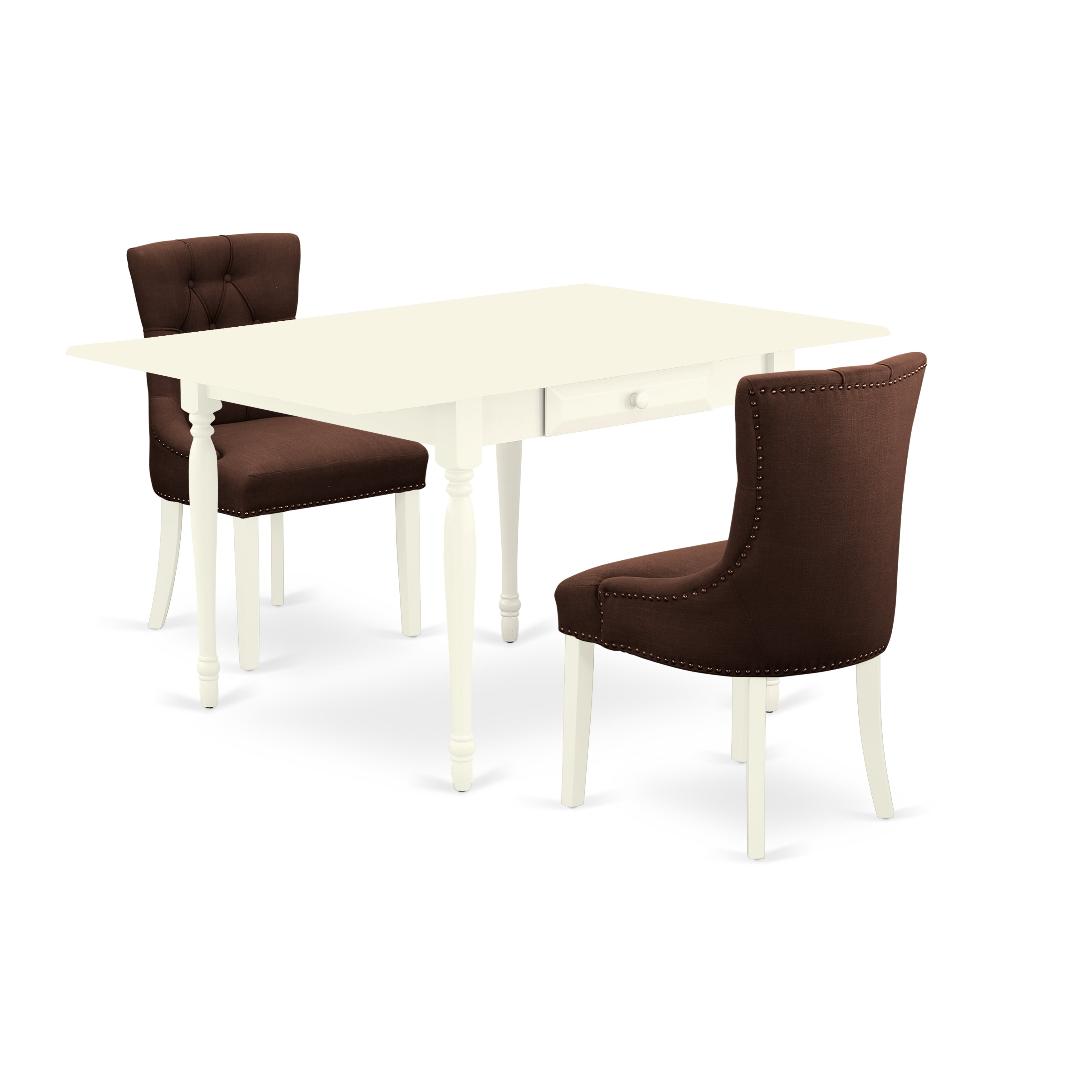 East West Furniture MZFR3-LWH-19 3Pc Dining Room Table Set Contains a Dinette Table and 2 Parson Dining Chairs with Chocolate Color Linen Fabric, Drop Leaf Table with Full Back Chairs, Linen White Finish