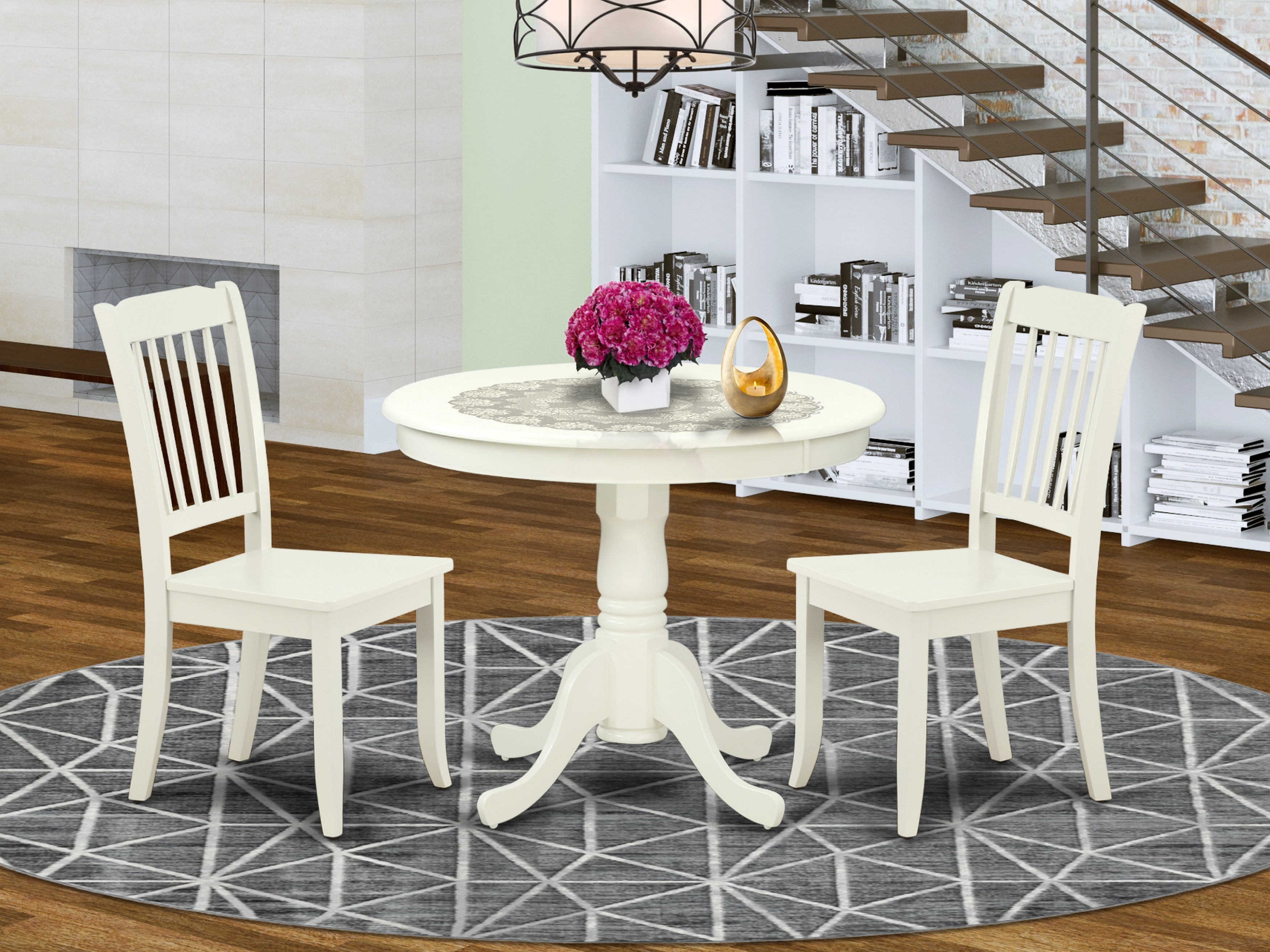 ANDA3-LWH-W 3PC Round 36 inch Table and 2 vertical slatted Chairs