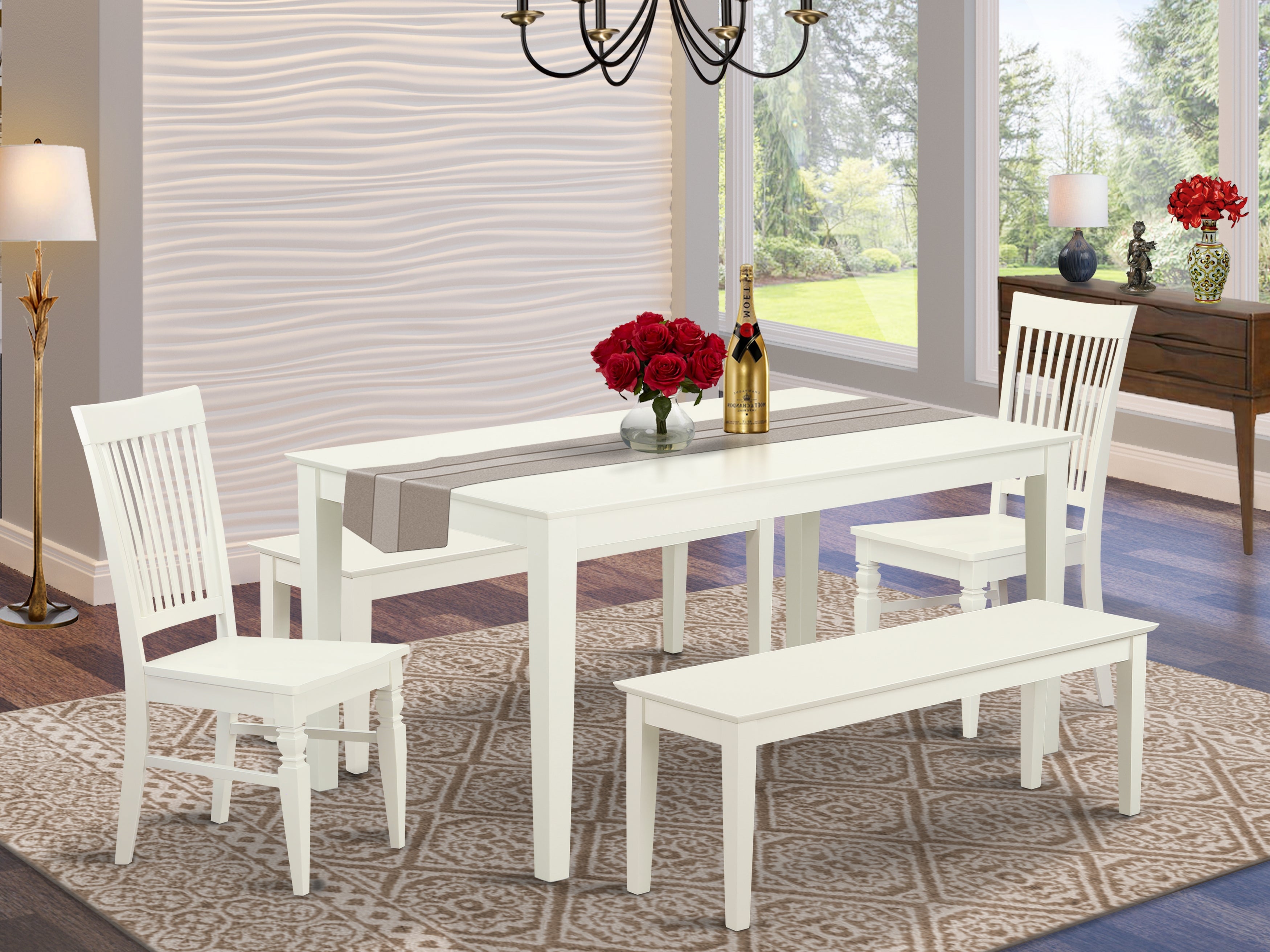 CANO5C-LWH-W 5 Piece dining for 6-Dining room table and 2 Chairs and 2 Benches in Linen White