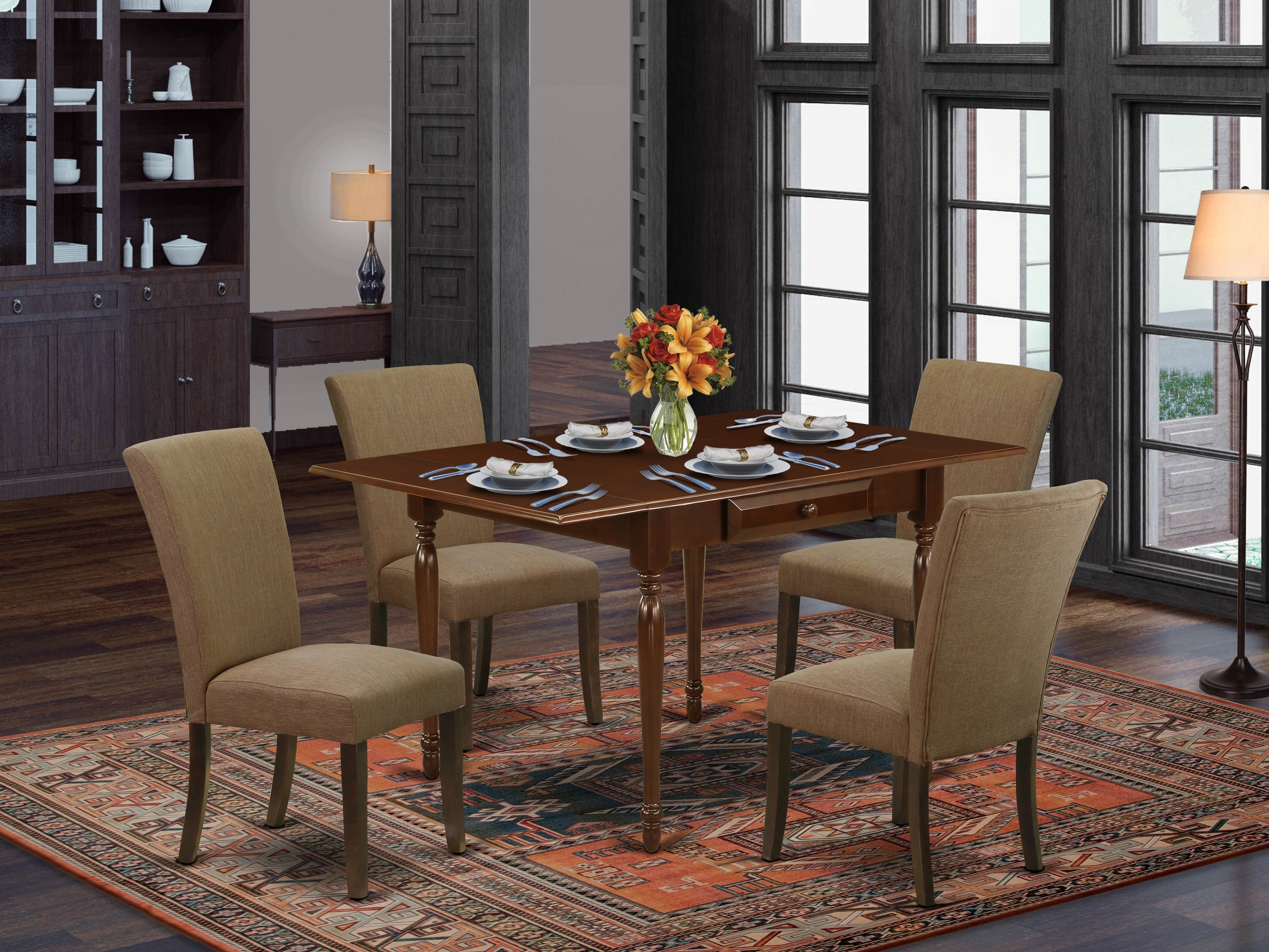 East West Furniture MZAL5-MAH-17 5Pc Kitchen Table Sets Consists of a Dining Table and 4 Parsons Dining Chairs with Light Sable Color Linen Fabric, Drop Leaf Table with Full Back Chairs, Mahogany Finish