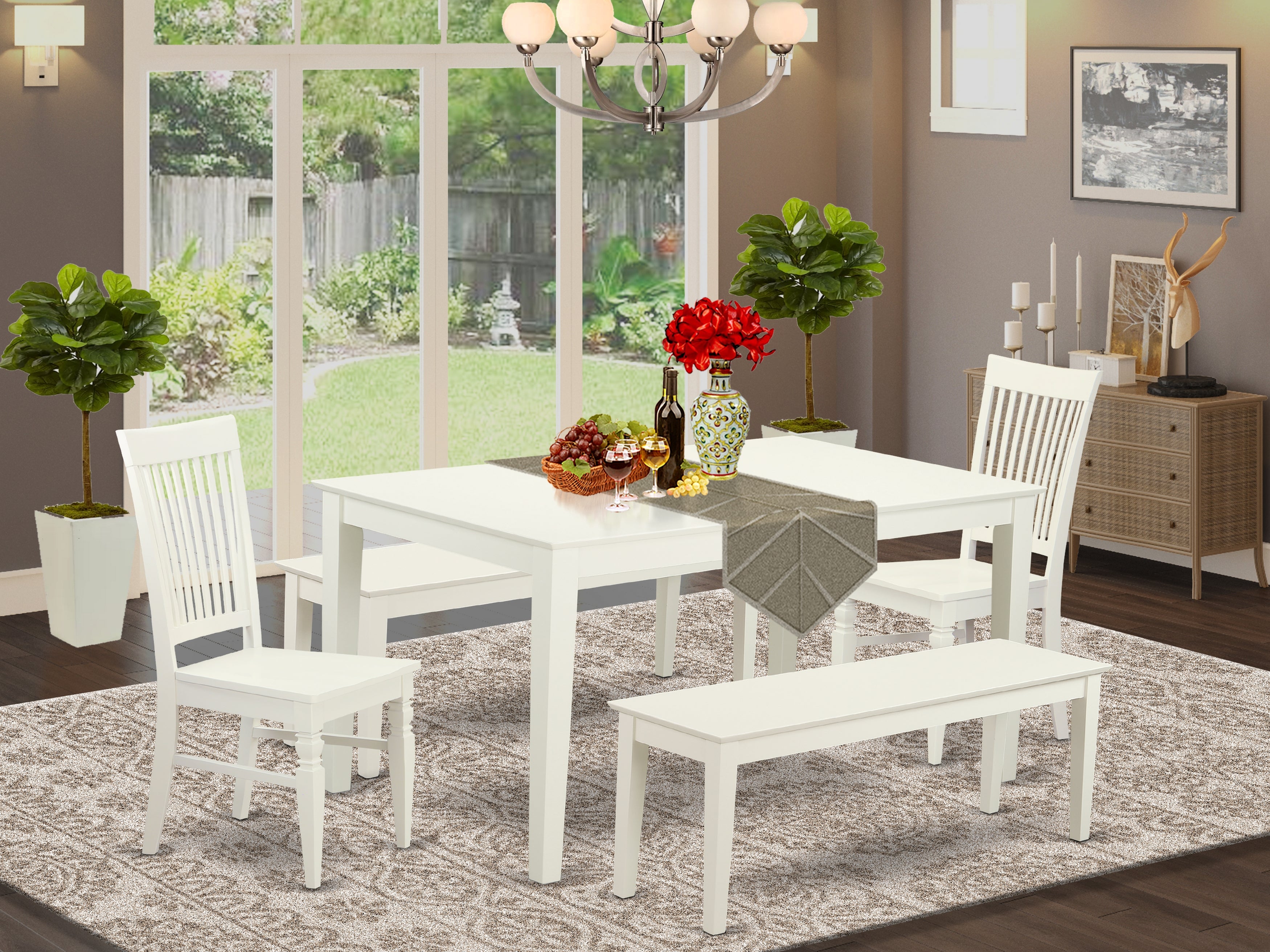 CAWE5C-LWH-W 5 Pc dining for 6-Dining table and 2 Chairs and 2 Benches in Linen White