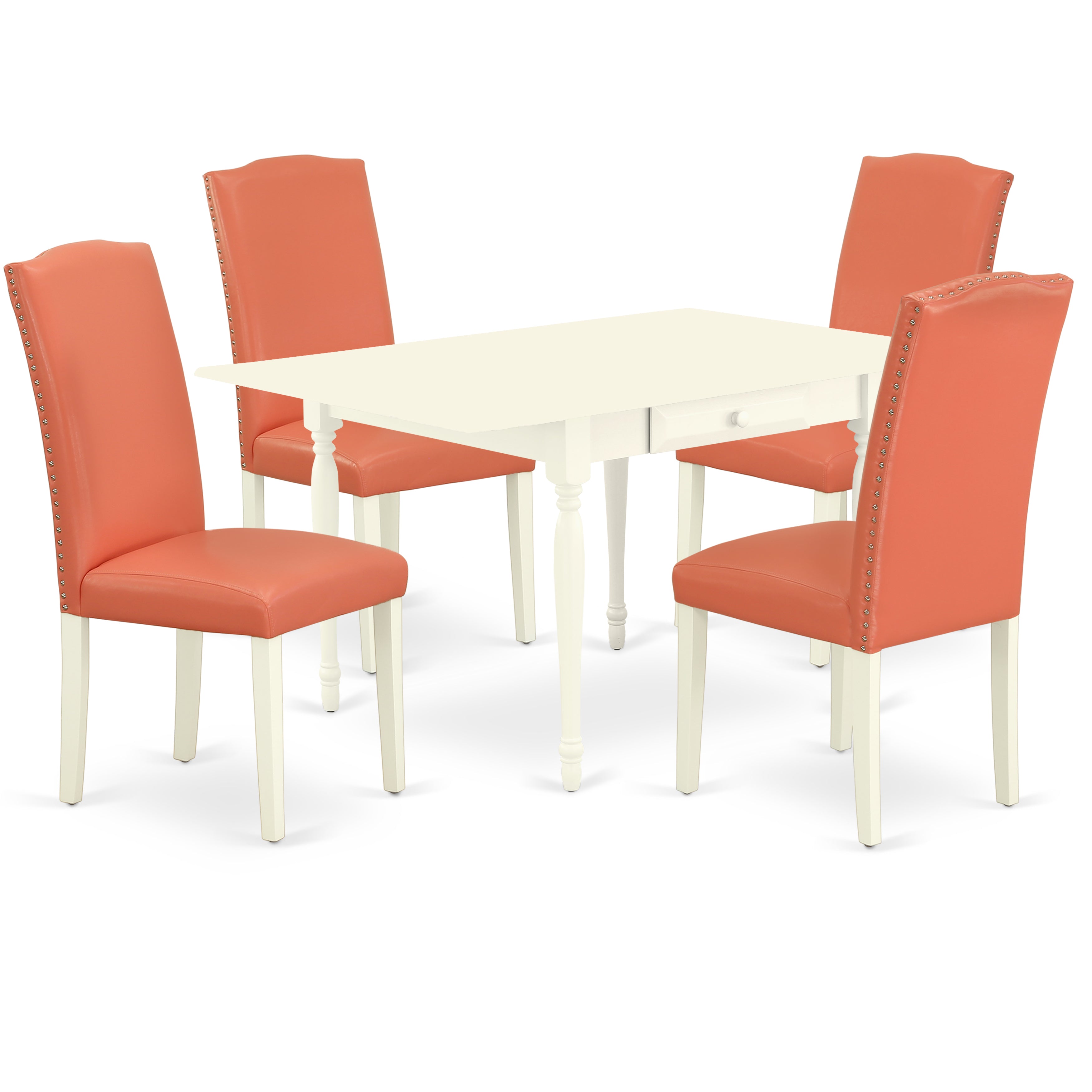 East West Furniture MZEN5-LWH-78 5Pc Kitchen Table Sets Offers a Small Kitchen Table and 4 Parsons Dining Chairs with Pink Flamingo Color PU Leather, Drop Leaf Table with Full Back Chairs, Linen White Finish