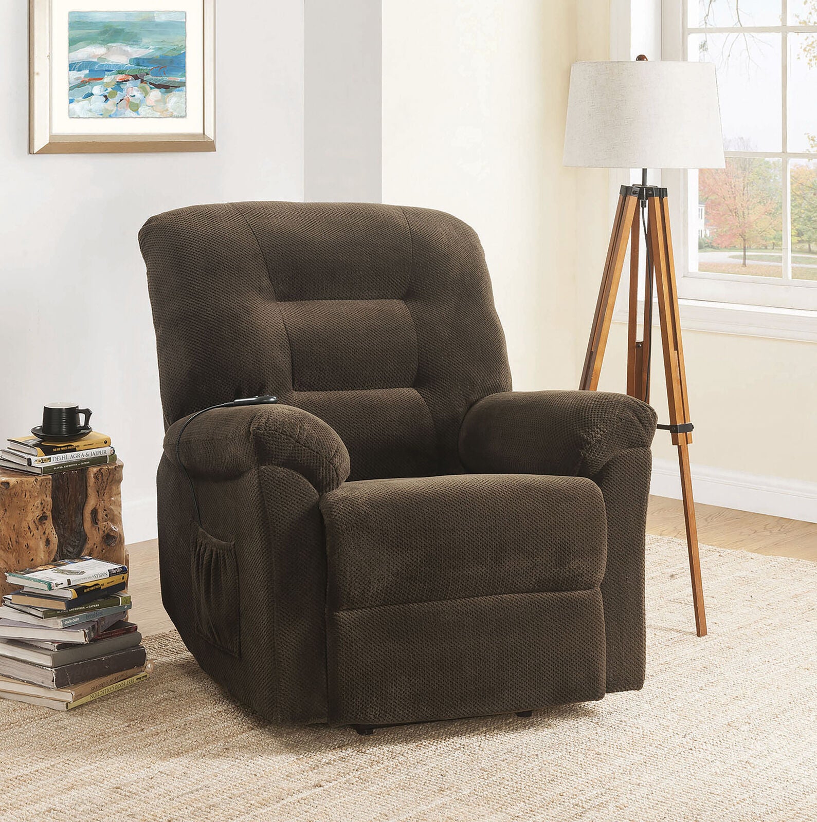 Coaster Power Lift Upholstered Chenille Recliner in Chocolate 600397