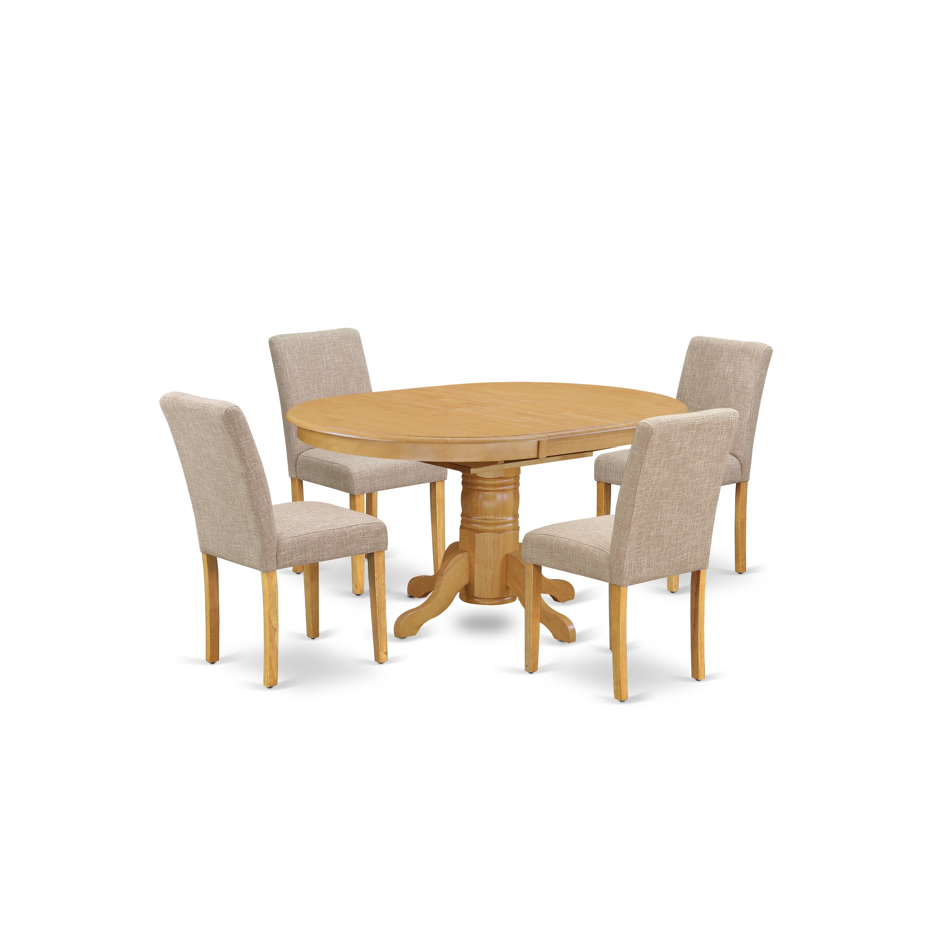 AVAB5-OAK-04 5Pc Oval 42/60" Table With 18 In Self Storing Butterfly Leaf And 4 Parson Chair With Oak Leg And Linen Fabric Light Fawn