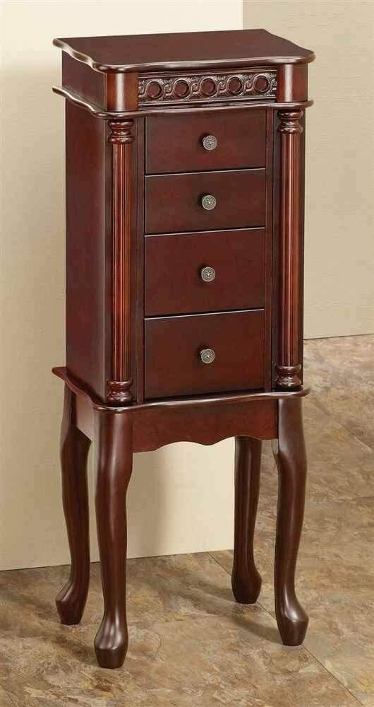 Traditional Cherry Jewelry Armoire With Carving And Cabriole legs