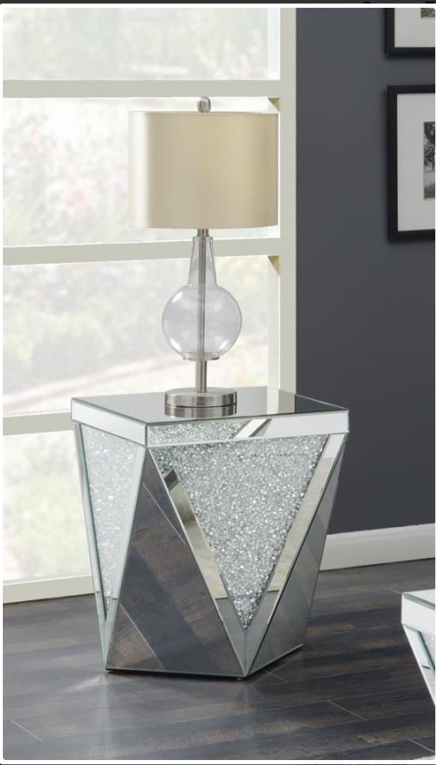 Square End Table With Triangle Detailing Silver And Clear Mirror