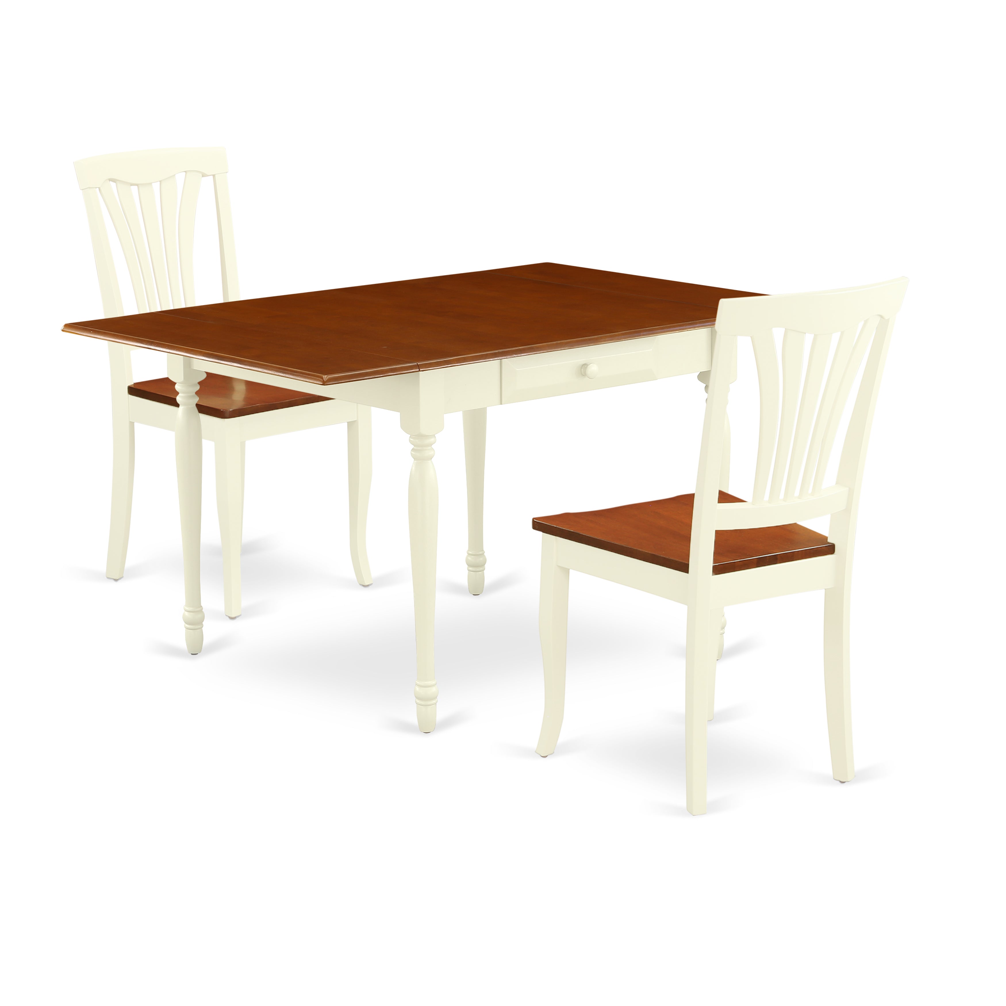 East West Furniture MZAV3-WHI-W 3Pc Dinette Set Contains a Small Kitchen Table and 2 Wooden Dining Chairs with Solid Wood Seat, Drop Leaf Table with Slat Back Chairs, Buttermilk and Cherry Finish