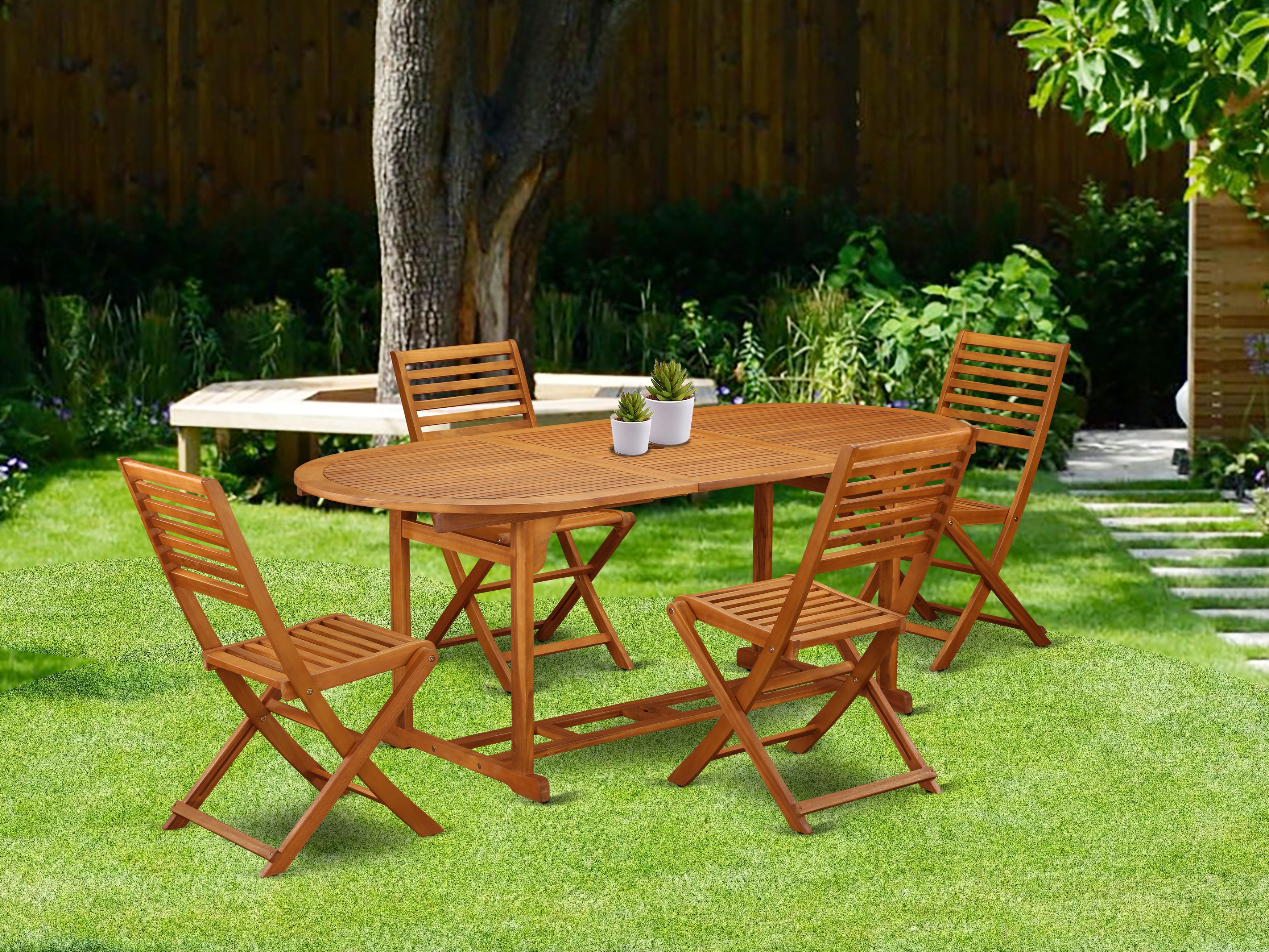 BSBS5CWNA This 5 Pc Acacia Wooden Outside patio Sets includes one Outdoor-Furniture table and 4 chairs