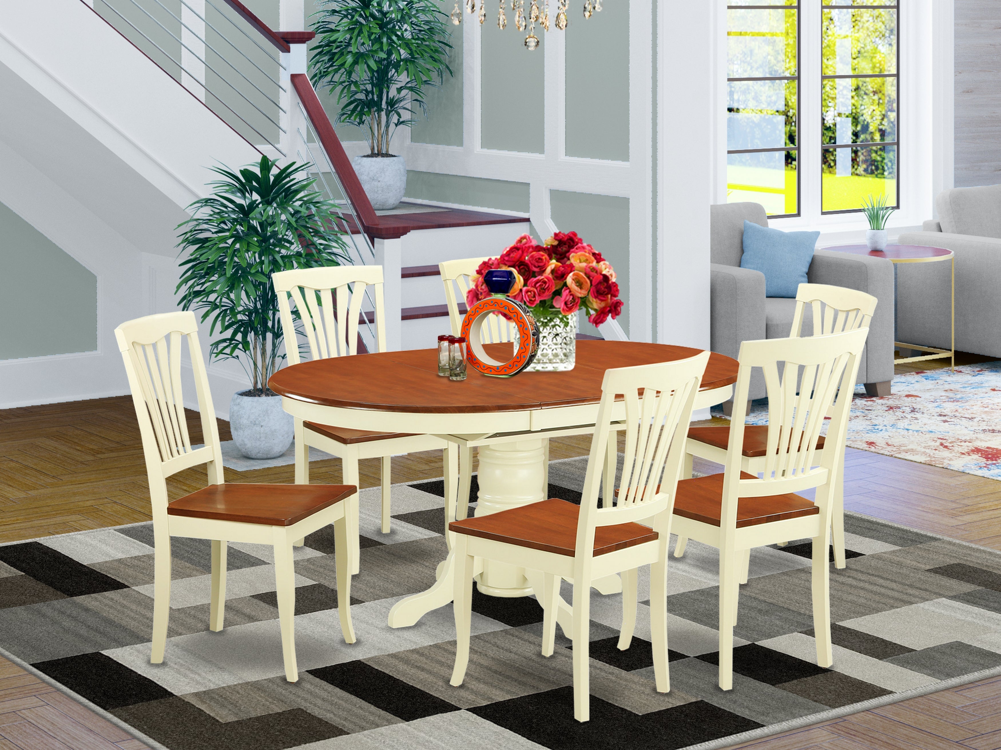 AVON7-WHI-W 7 Pc Dinette Table with Leaf and 6 Wood Seat Chairs in Buttermilk and Cherry.