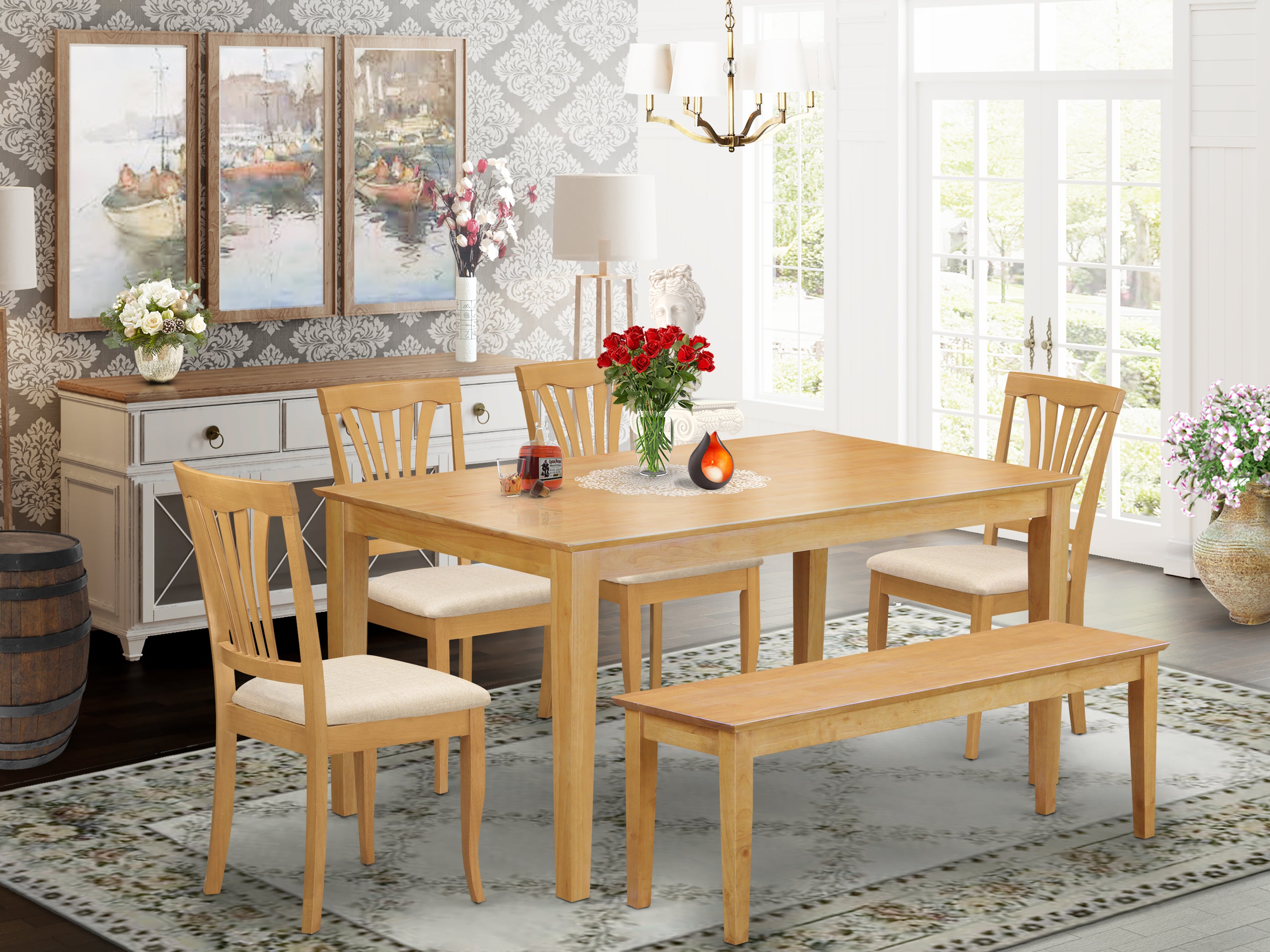 CAAV6-OAK-C 6-Pc Dinette set - Kitchen dinette Table and 4 Dining Chairs plus Wooden bench