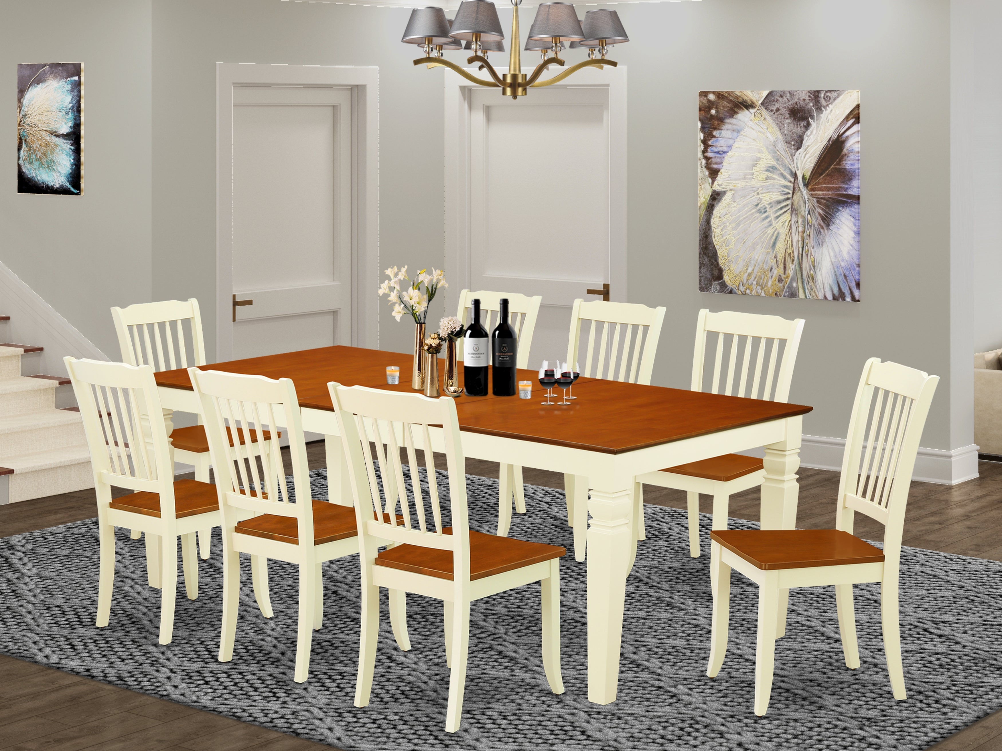 LGDA9-BMK-W 9PC Rectangular 66/84 inch Table with 18 In Leaf and 8 vertical slatted Chairs