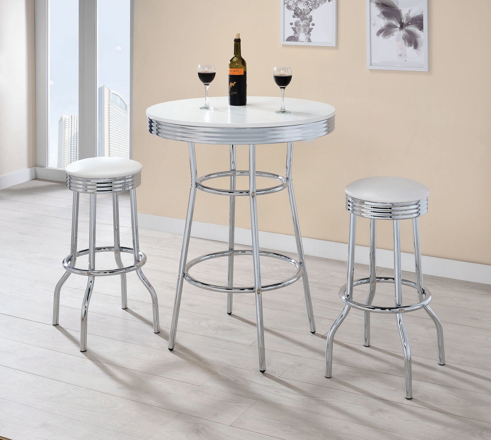 3 Piece 50's Retro Theodore Round Bar Table and Stool Set Chrome and Glossy White