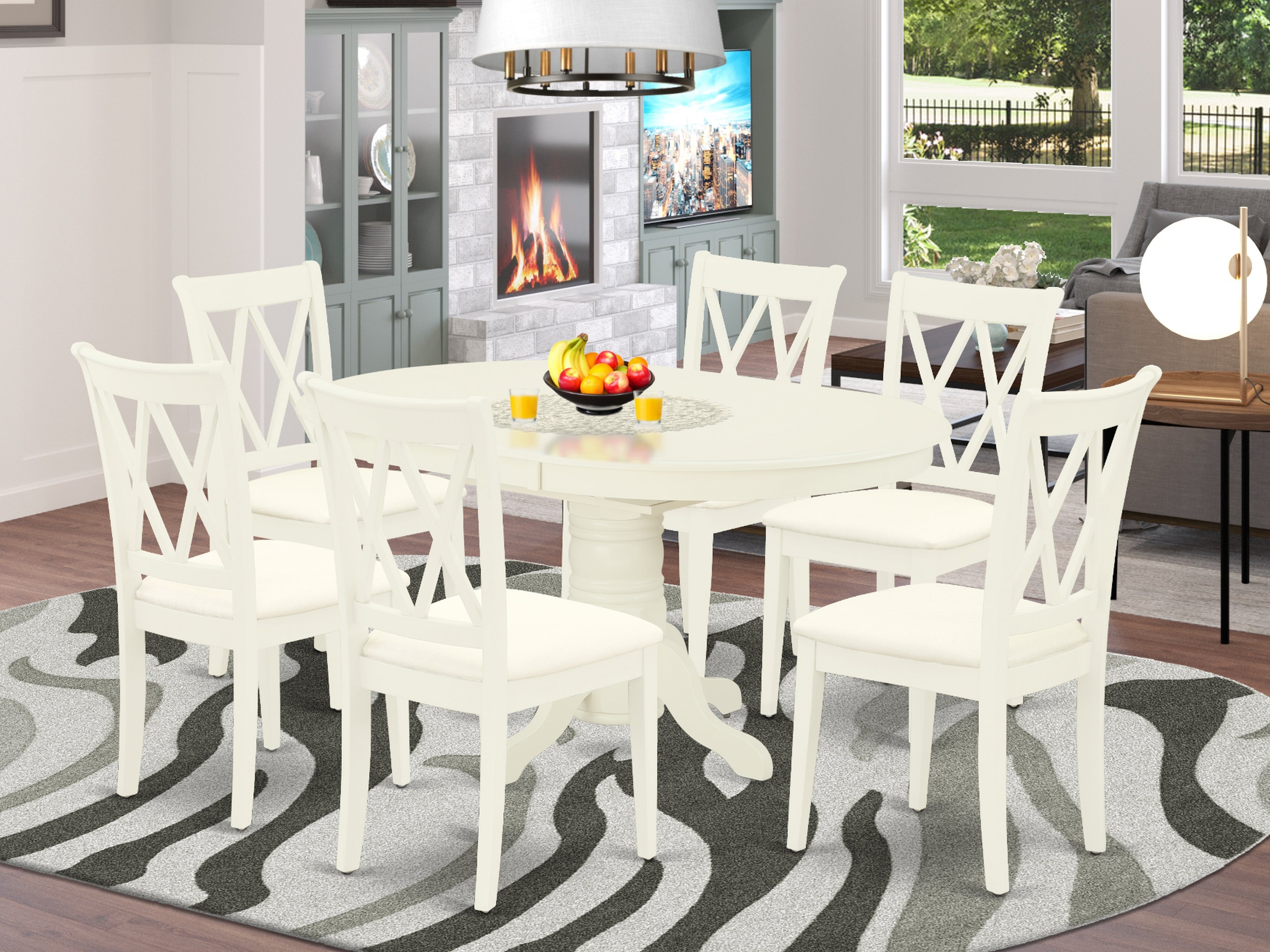 AVCL7-LWH-C 7Pc Dinette Set Includes an Oval Kitchen Table with Butterfly Leaf and Six Double X Back Microfiber Seat Dining Chairs, Linen White Finish