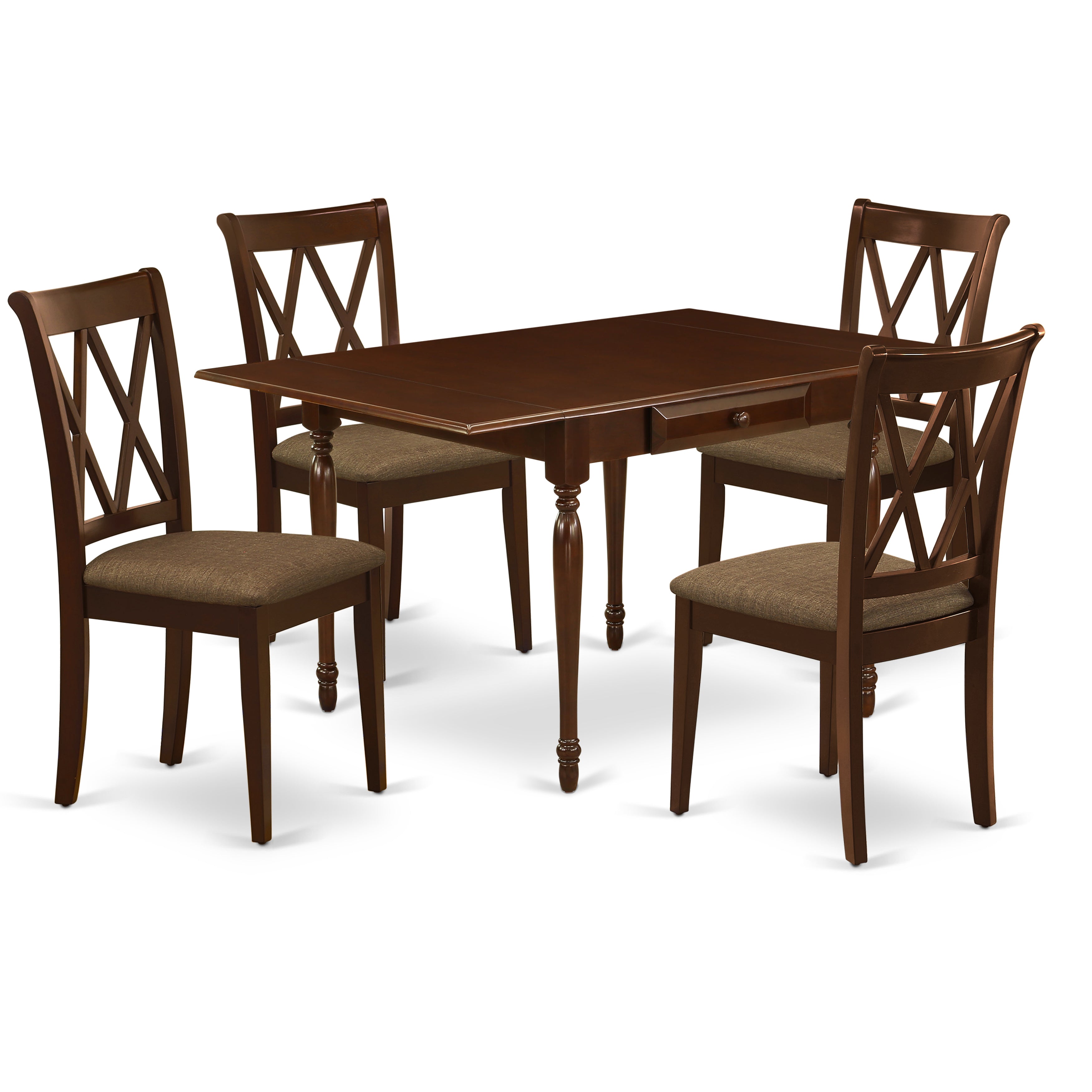 East West Furniture MZCL5-MAH-C 5Pc Wood Dining Table Set Offers a Wood Dining Table and 4 Wooden Dining Chairs with Microfiber Upholstery Seat, Drop Leaf Table with Double X Back Chairs, Mahogany Finish