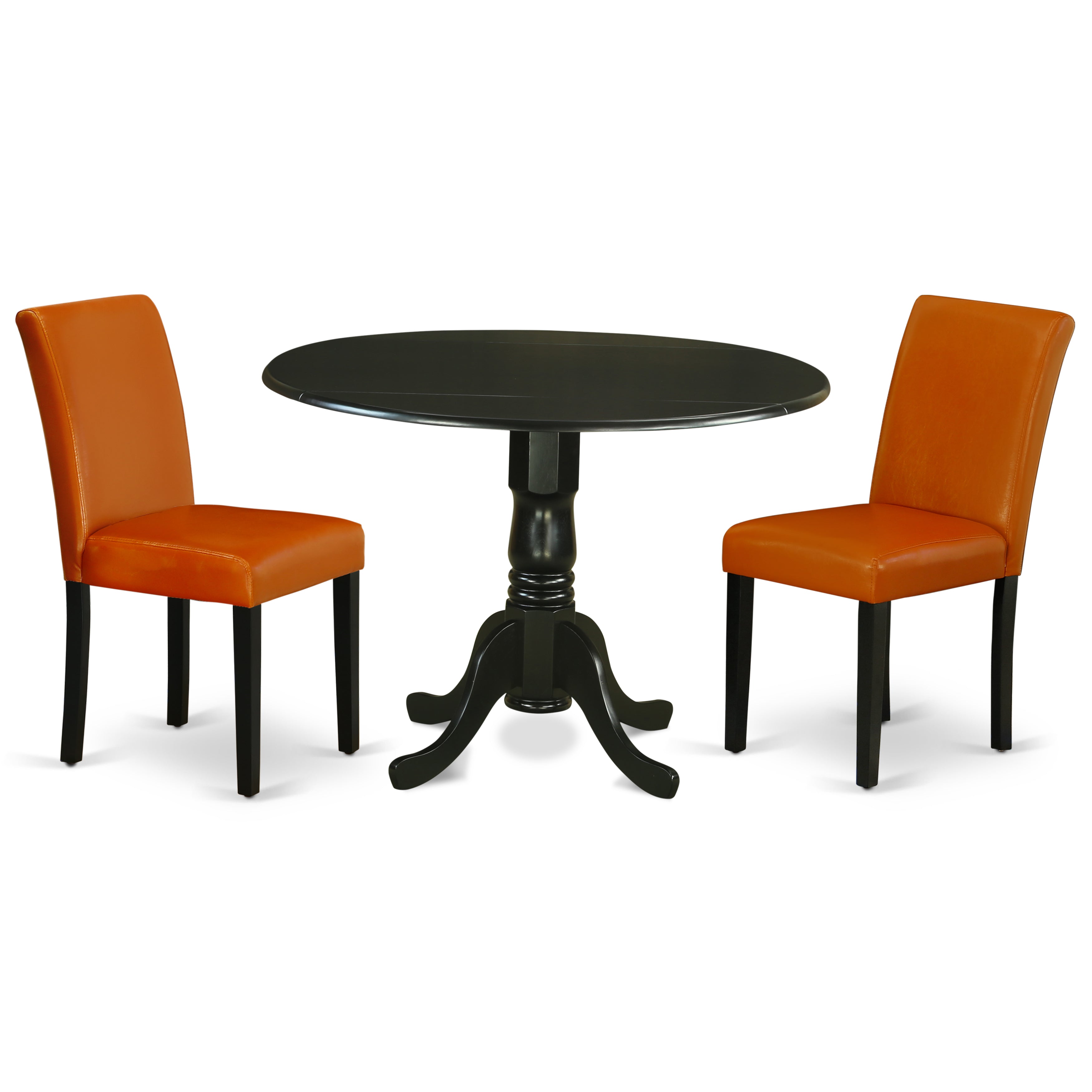 DLAB3-BLK-61 3Pc Round 42" Dining Room Table With Two 9-Inch Drop Leaves And 2 Parson Chair With Black Leg And Pu Leather Color Baked Bean