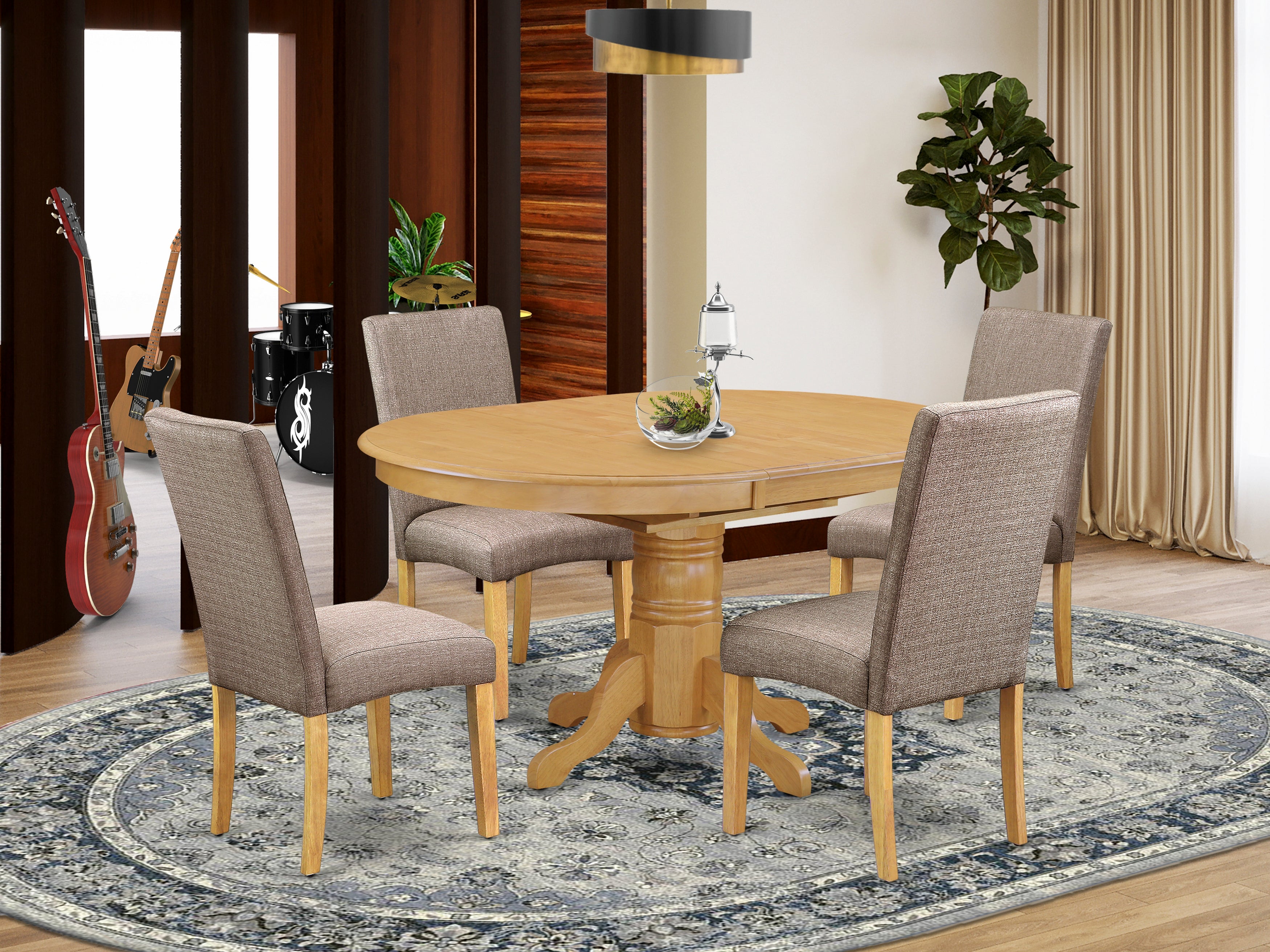 AVDR5-OAK-16 5Pc Oval 42/60" Table With 18 In Self Storing Butterfly Leaf And 4 Parson Chair With Oak Finish Leg And Linen Fabric- Dark Khaki Color