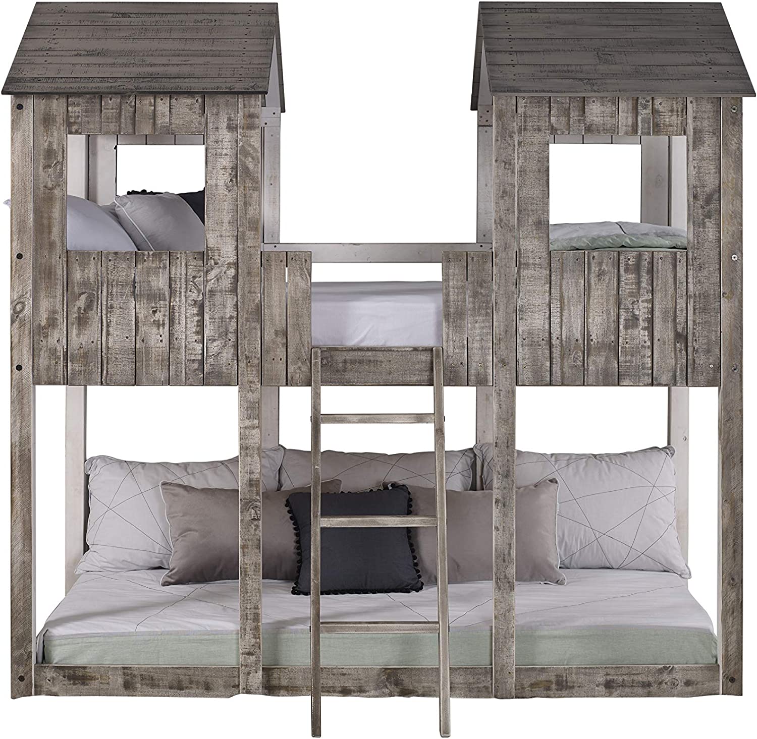 Twin-Over-Twin Lodge Tower Ladder Bunk Bed Rustic Grey Kids Room