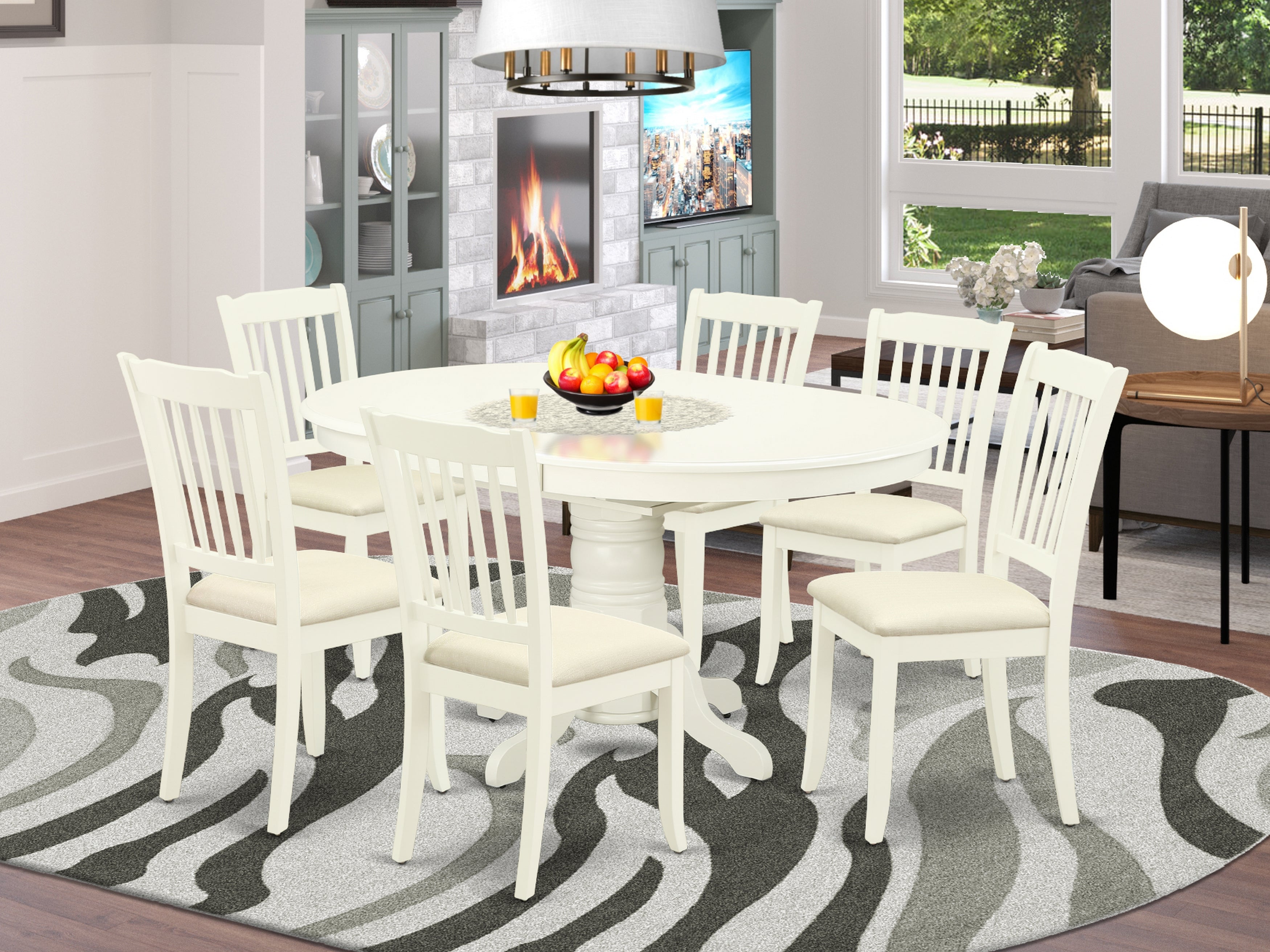 AVDA7-LWH-C 7Pc Dinette Set Includes an Oval Kitchen Table with Butterfly Leaf and Six Vertical Slatted Microfiber Seat Dining Chairs, Linen White Finish