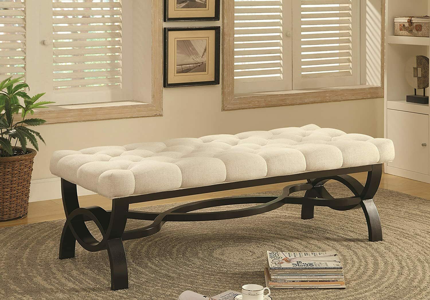 Coaster Long Accent Bench With Espresso Base Tufted Beige Seat 500022