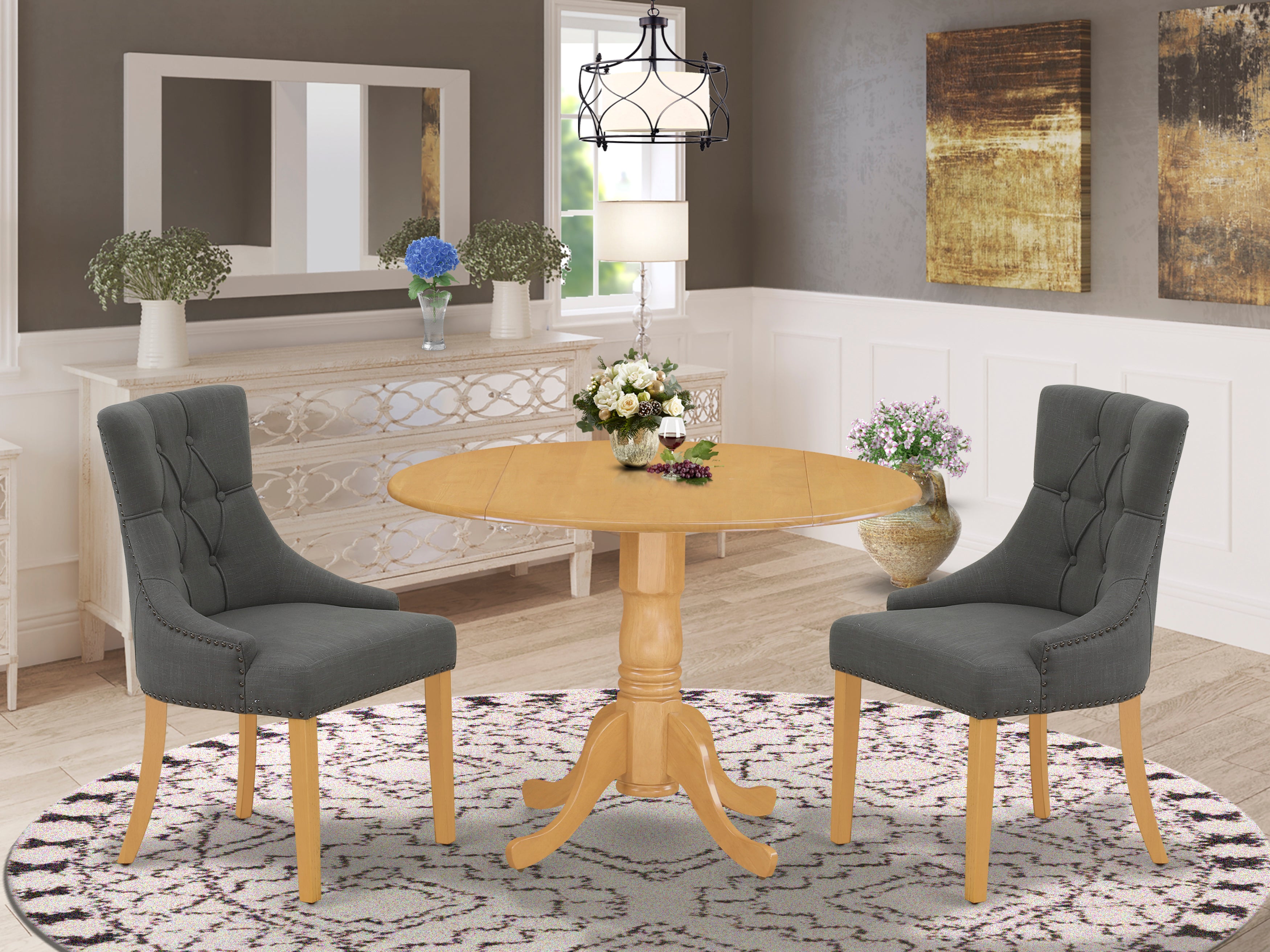 DLFR3-OAK-20 3Pc Dinette Set Includes a Rounded Kitchen Table with Drop Leaves and Two Parson Chairs with Dark Gotham Grey Fabric, Oak Finish