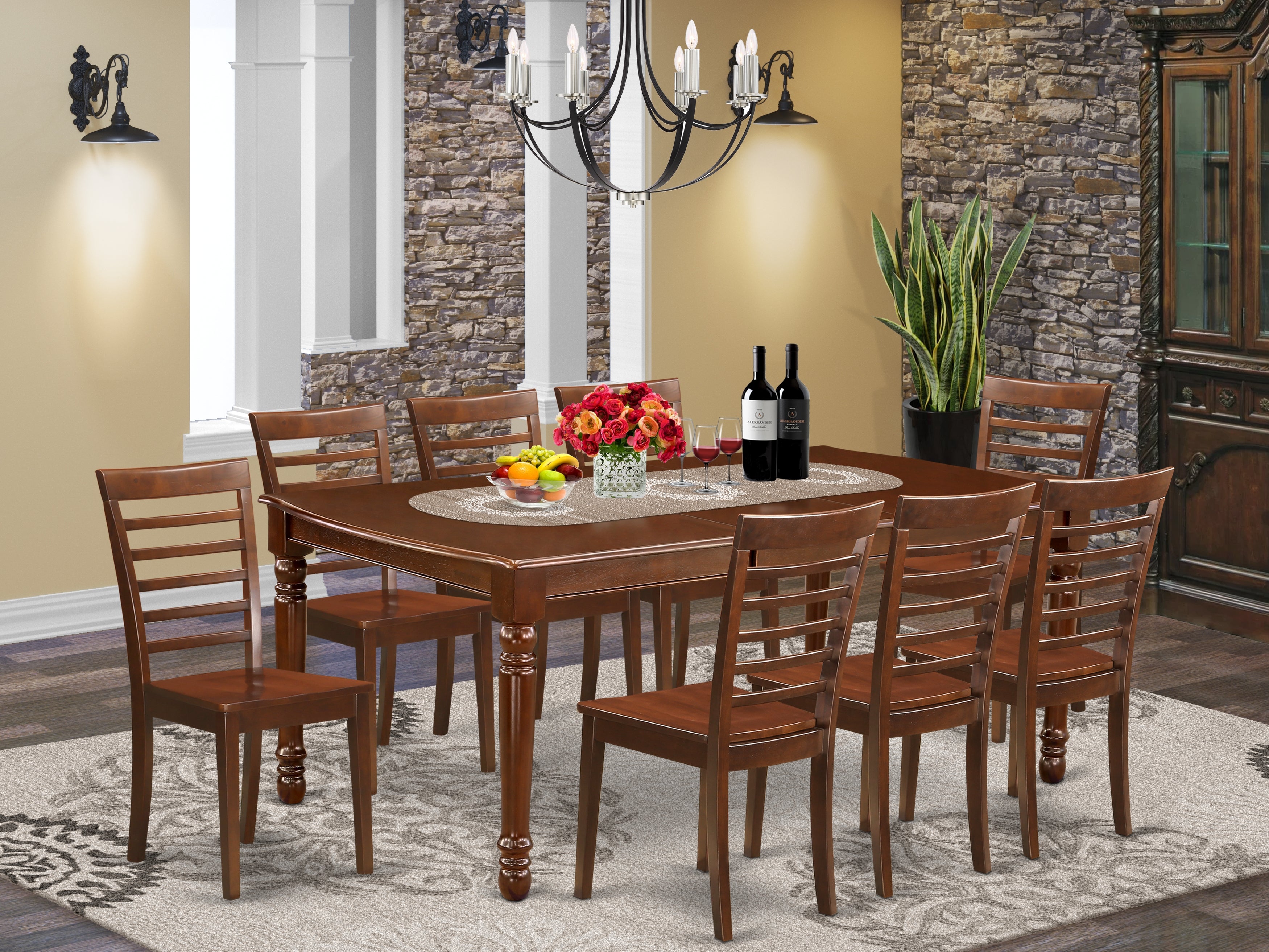 DOML9-MAH-W 9Pc Rectangular 60/78" Kitchen Table With 18 In Leaf And Eight Wood Seat Chairs