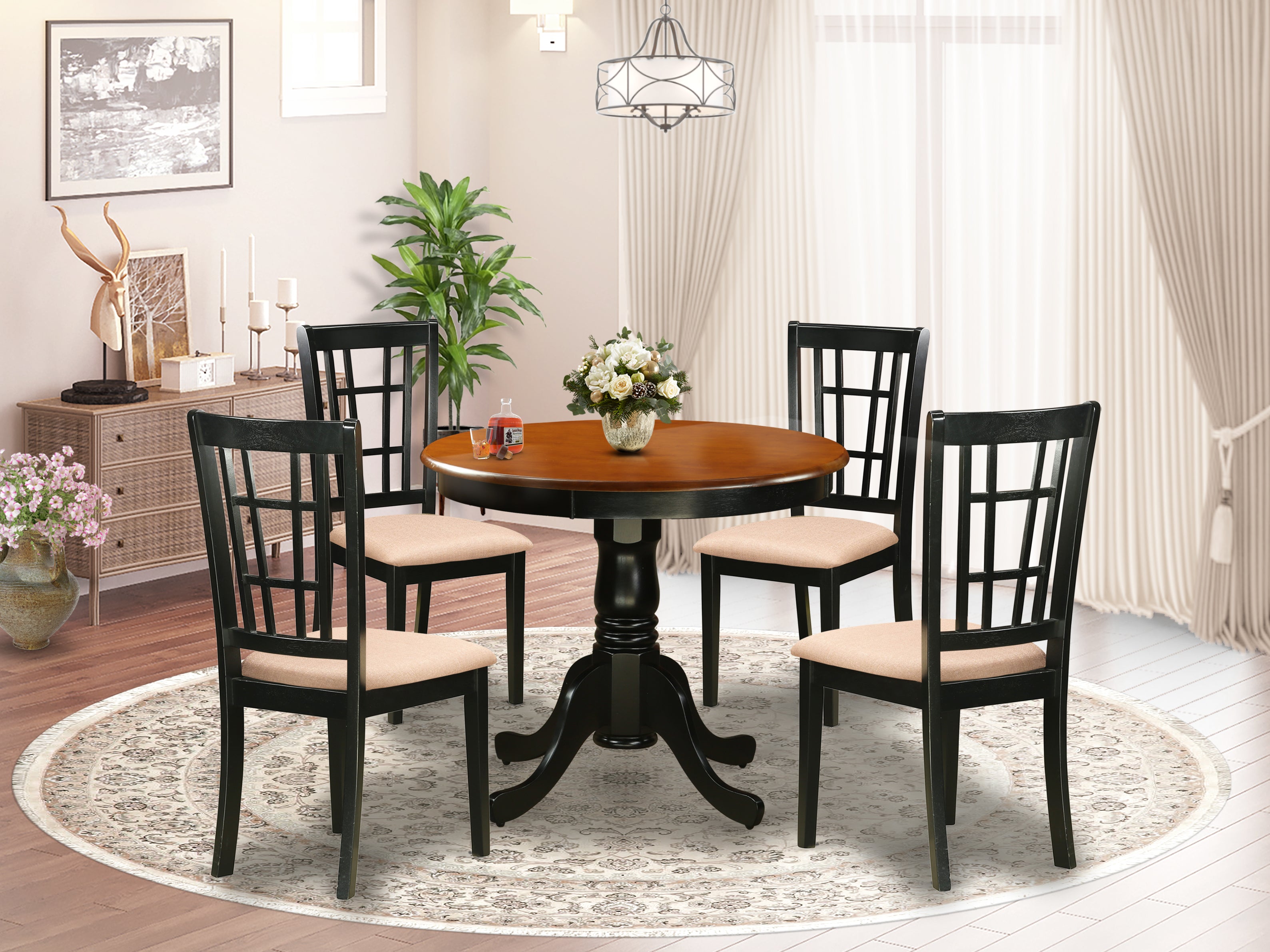 ANNI5-BLK-C 5 Pc Dining Table with 4 Microfiber Chairs in Black and Cherry