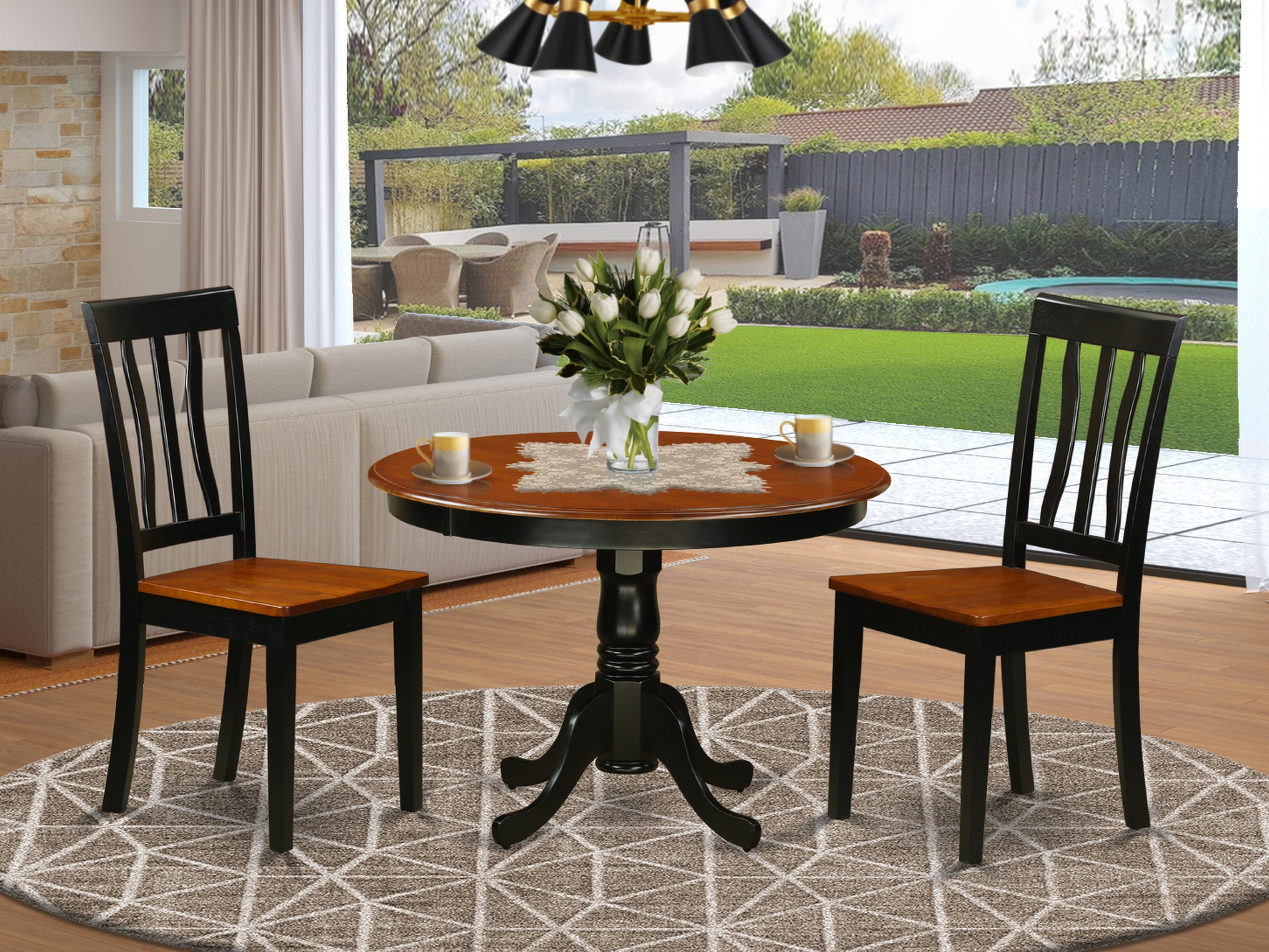 HLAN3-BCH-W 3 Pc set with a Round Table and 2 Wood Dinette Chairs in Black and Cherry