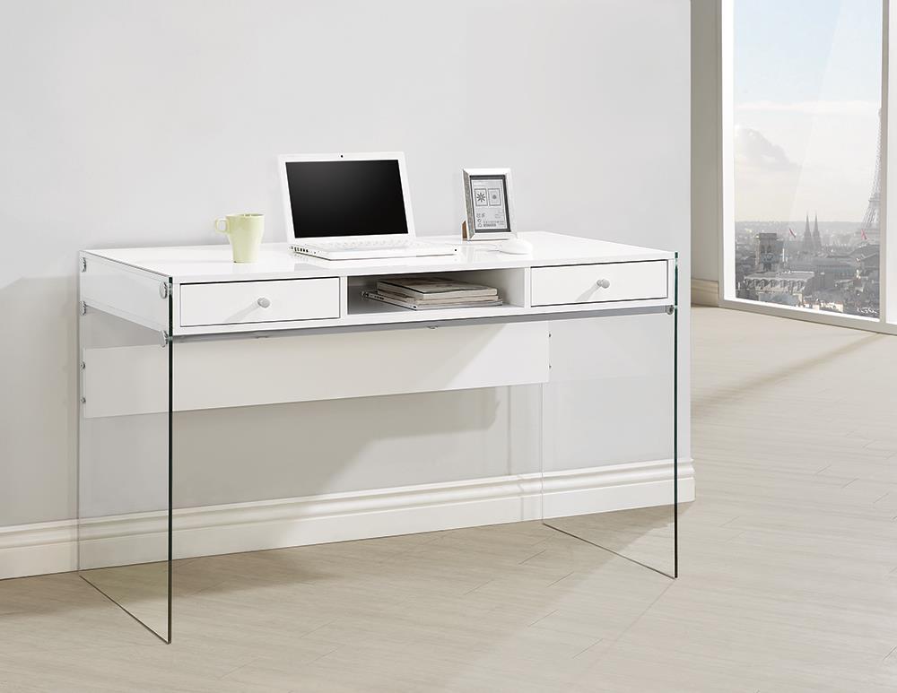 Dobrev 2-Drawer Writing Desk Glossy White And Clear