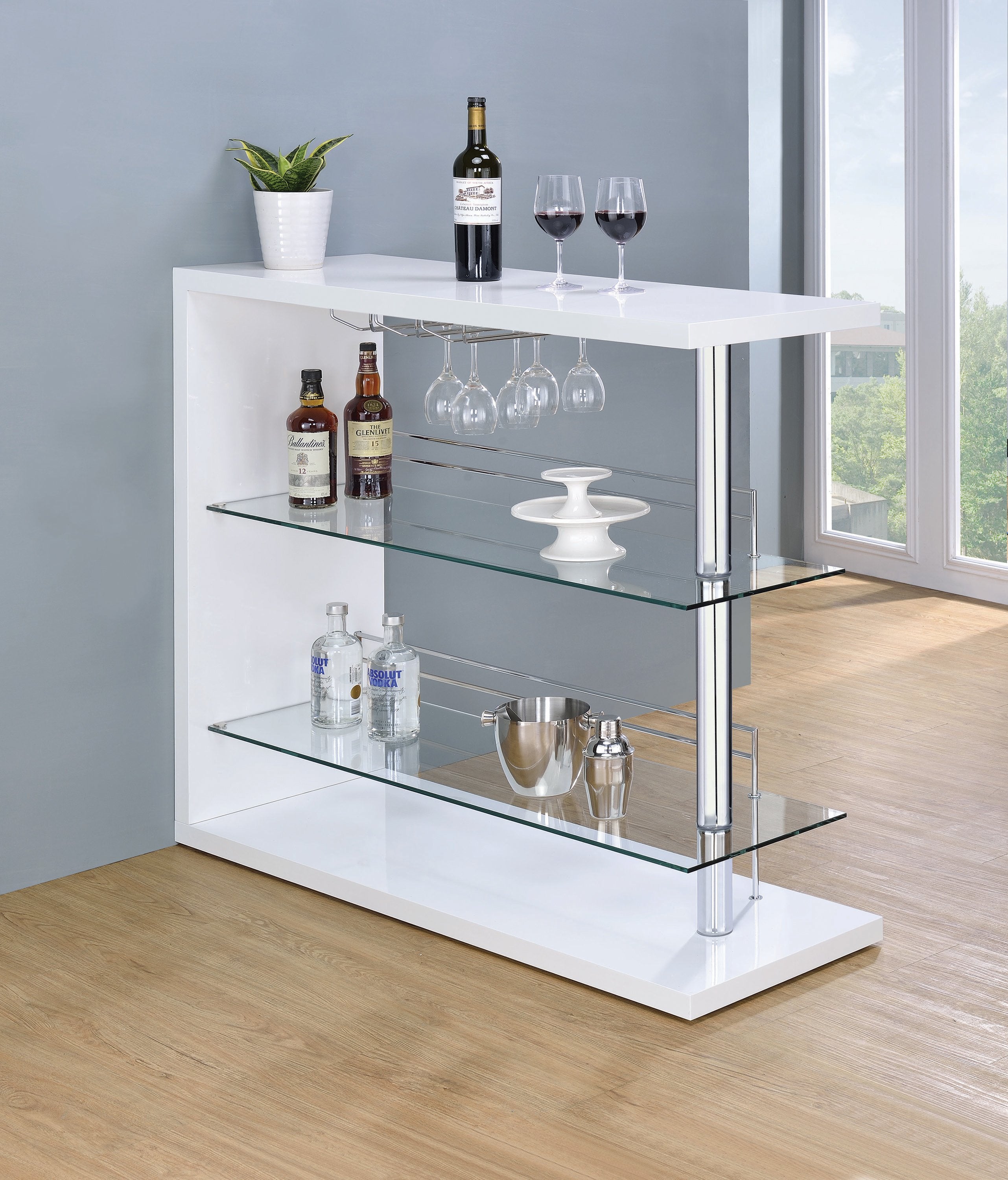 Contemporary Rectangular 2-Shelf Bar Unit Glossy White