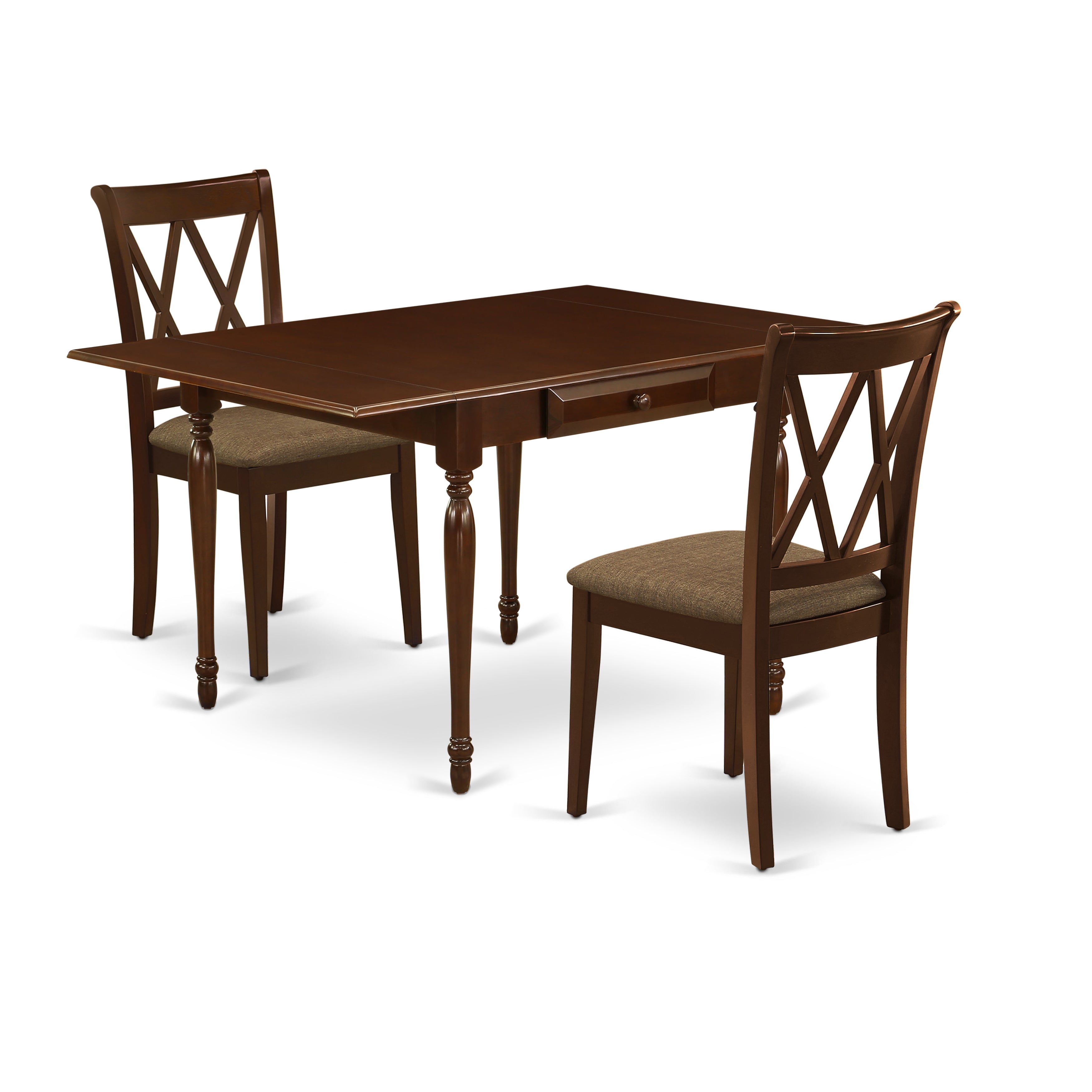 East West Furniture MZCL3-MAH-C 3Pc Dining Table Set for 2 Includes a Dining Room Table and 2 Dining Chairs with Microfiber Upholstery Seat, Drop Leaf Table with Double X Back Chairs, Mahogany Finish