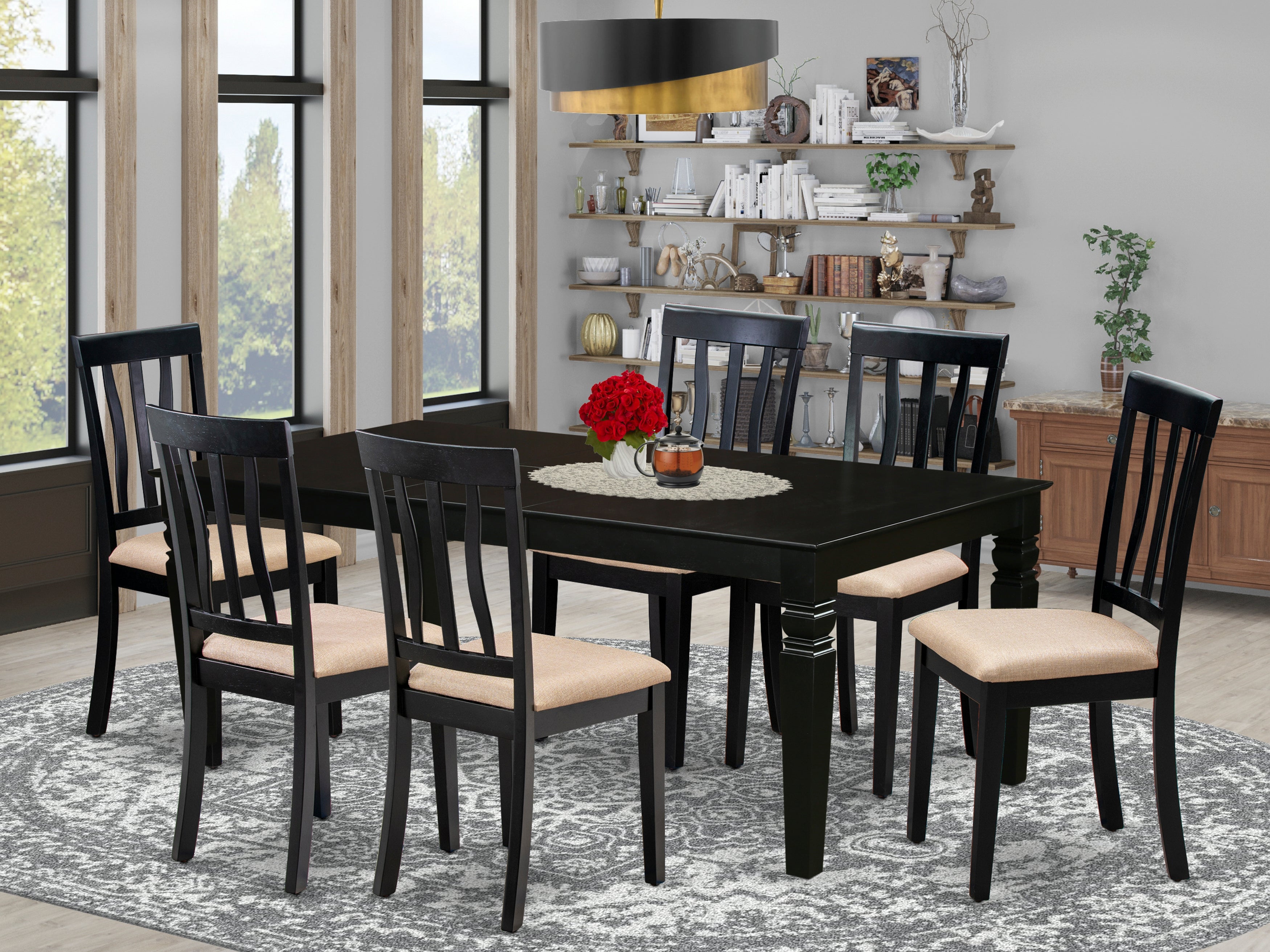 LGAN7-BLK-C 7 Pc Dining Room set with a Dining Table and 6 Microfiber Dining Chairs in Black