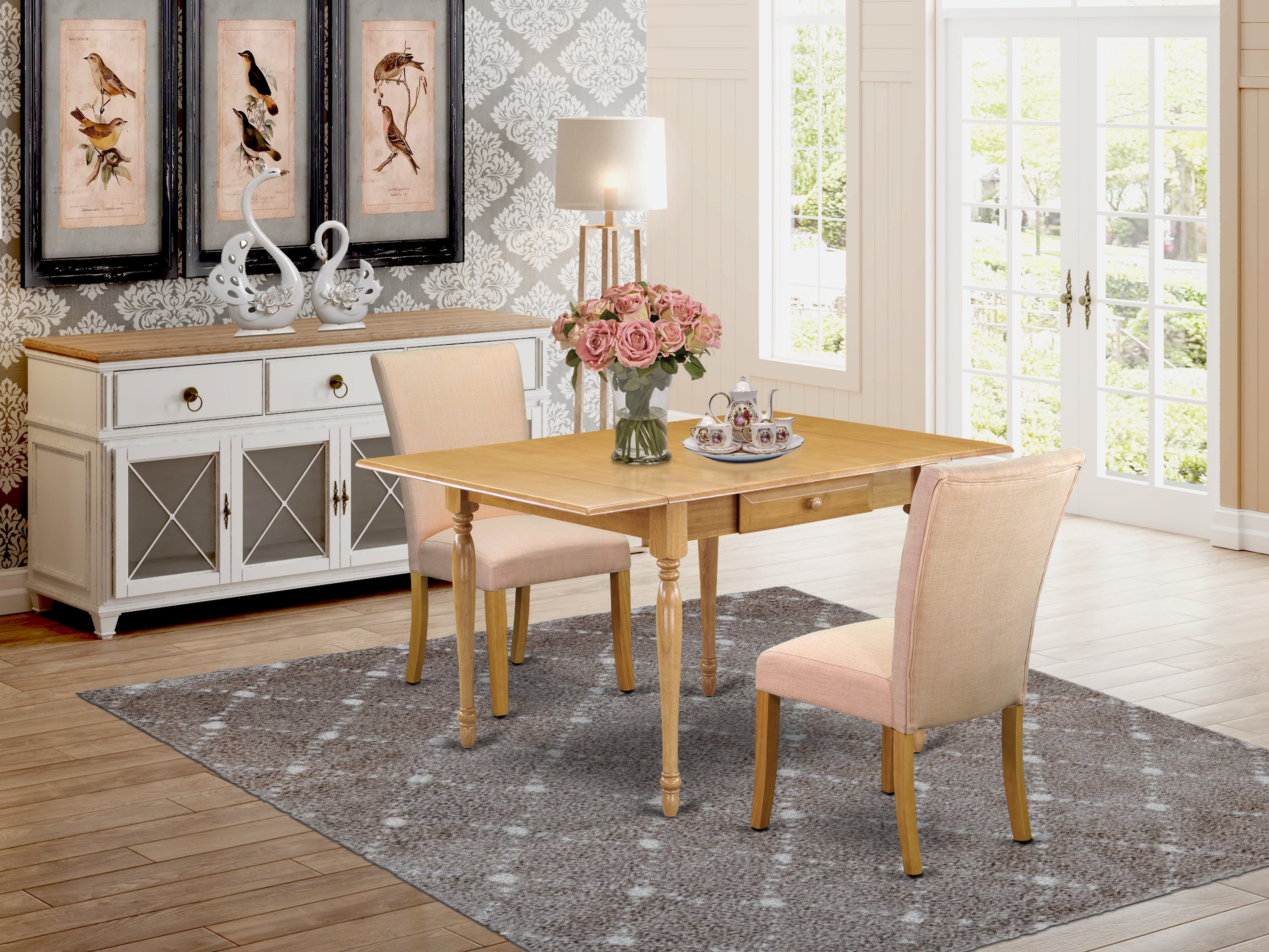 East West Furniture MZAL3-OAK-03 3Pc Kitchen Table Set Contains a Small Kitchen Table and 2 Parsons Dining Chairs with Dove Beige Color Linen Fabric, Drop Leaf Table with Full Back Chairs, Oak Finish