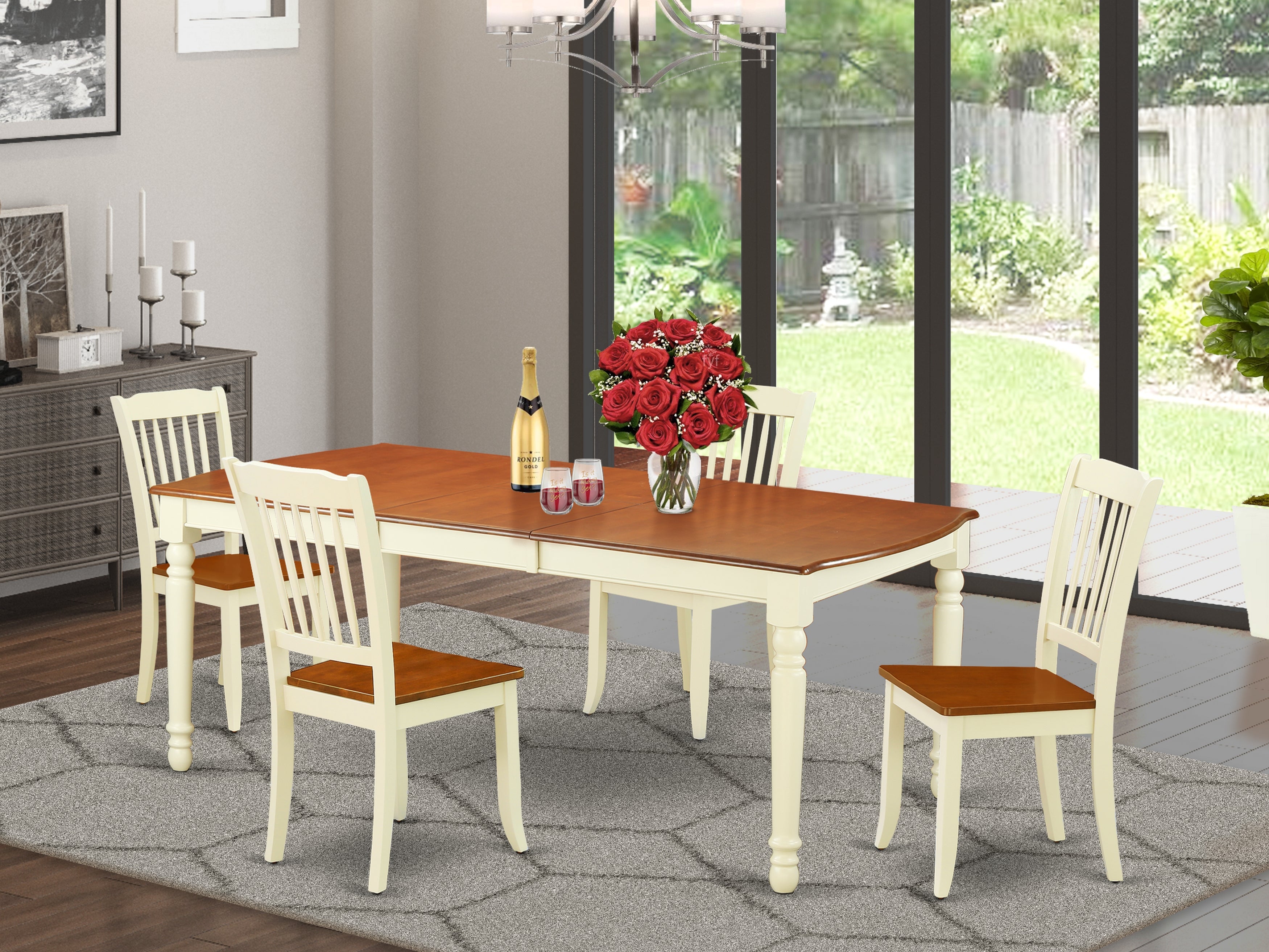 DODA5-BMK-W 5PC Rectangular 60/78 inch Table with 18 In Leaf and 4 vertical slatted Chairs