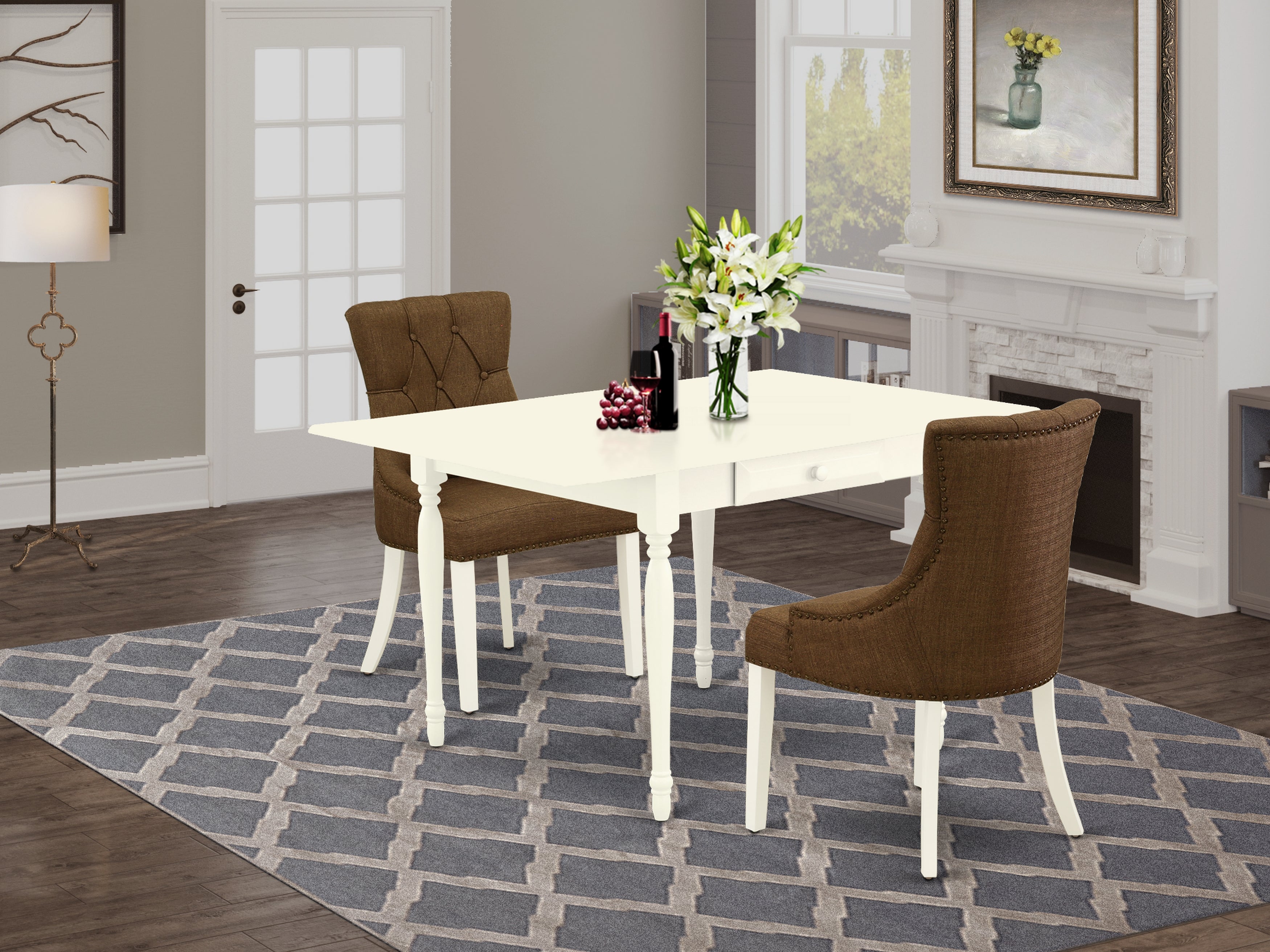 East West Furniture MZFR3-LWH-18 3Pc Dining Table Set Consists of a Dining Table and 2 Parson Chairs with Dark Coffee Color Linen Fabric, Drop Leaf Table with Full Back Chairs, Linen White Finish