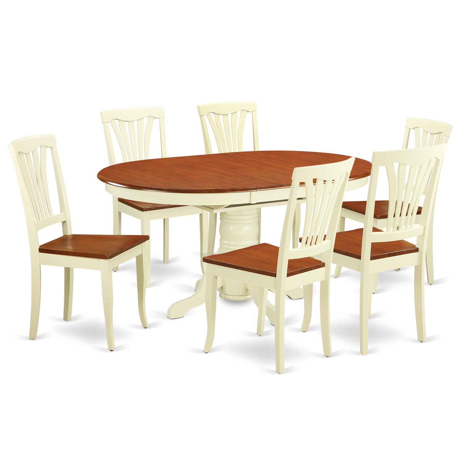 AVON7-WHI-W 7 Pc Dinette Table with Leaf and 6 Wood Seat Chairs in Buttermilk and Cherry.