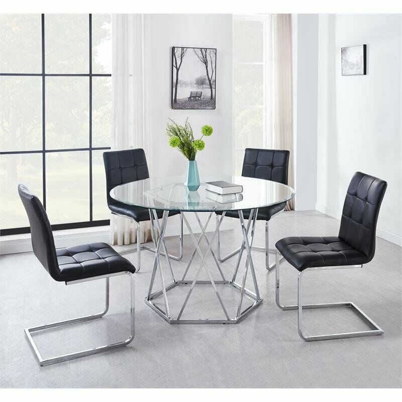 Escondido Modern Glass Top 5-Piece Dining Set with Black Chairs
