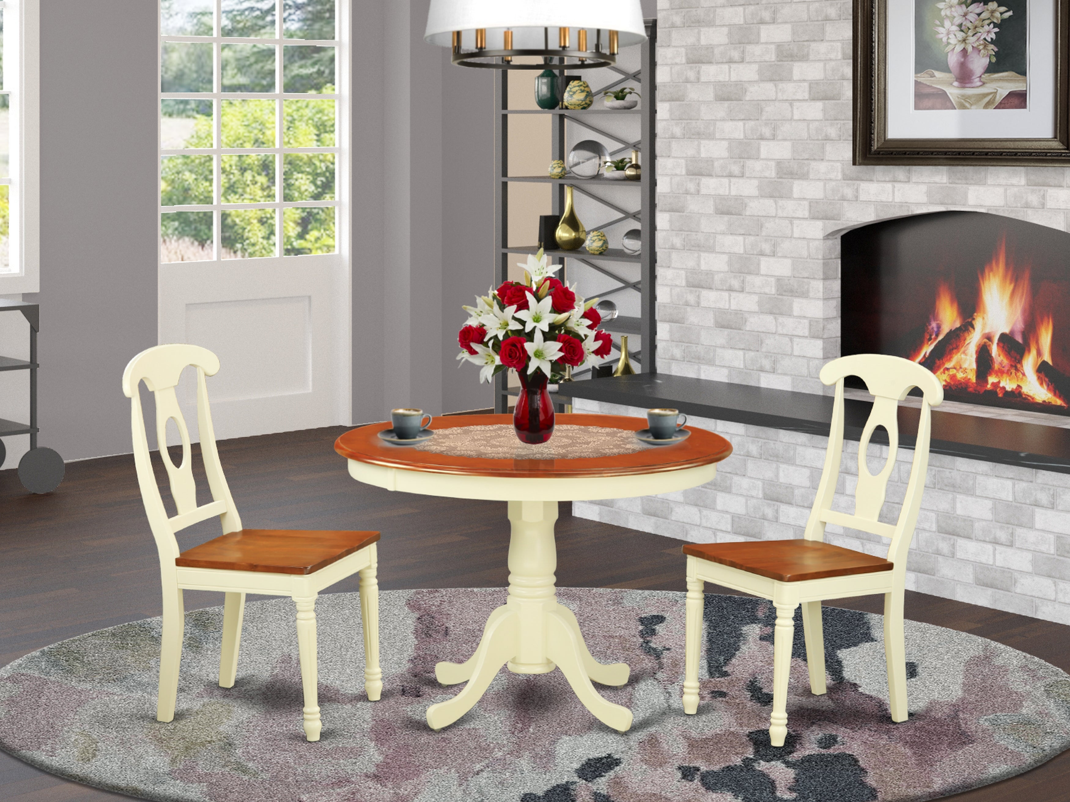 HLKE3-BMK-W 3 Pc set with a Round Kitchen Table and 2 Wood Dinette Chairs in Buttermilk and Cherry .