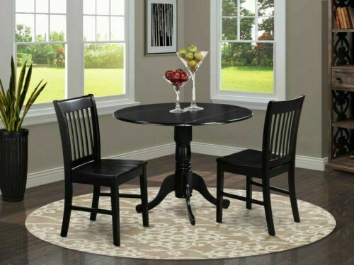 Dublin Black 3 Piece 42" Drop Leaf Dining Table Set with Wooden Seat Chairs