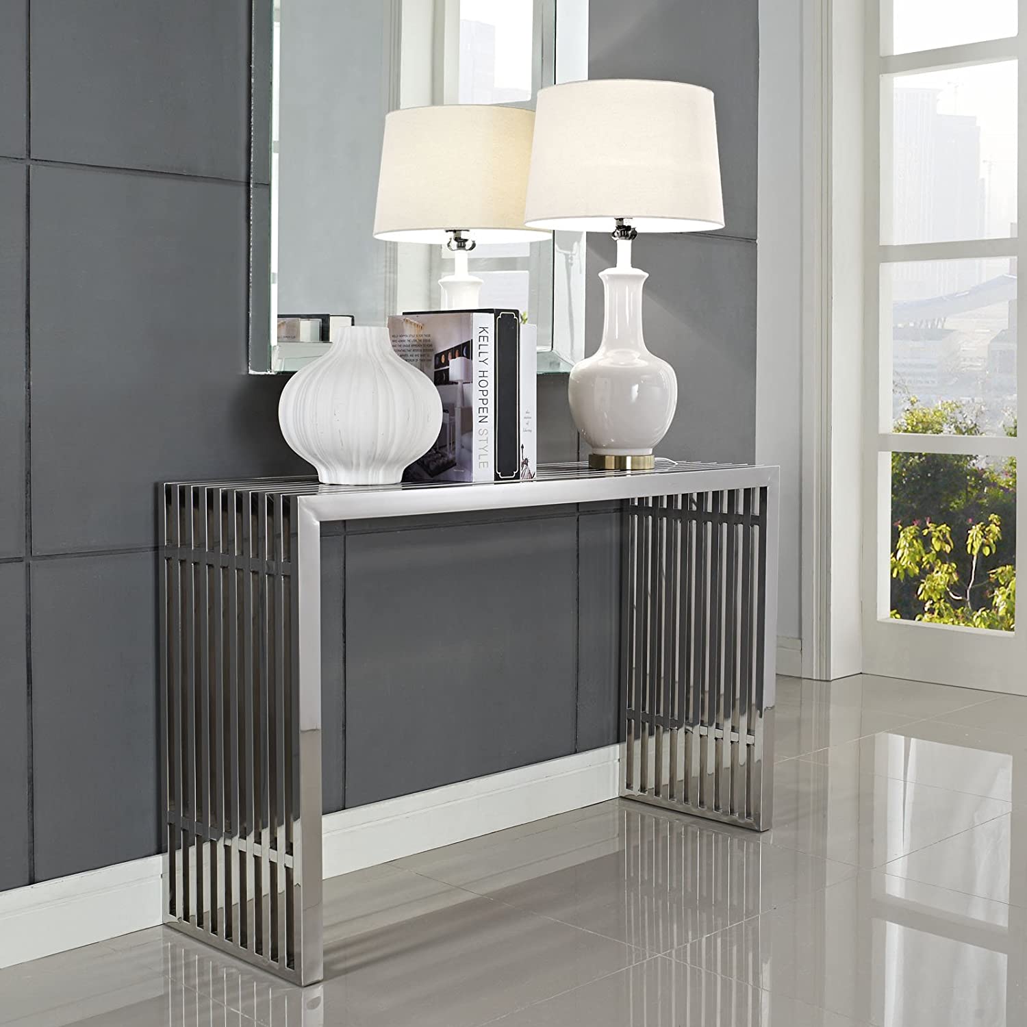 Modway Gridiron Contemporary Modern Stainless Steel Console Table, Silver