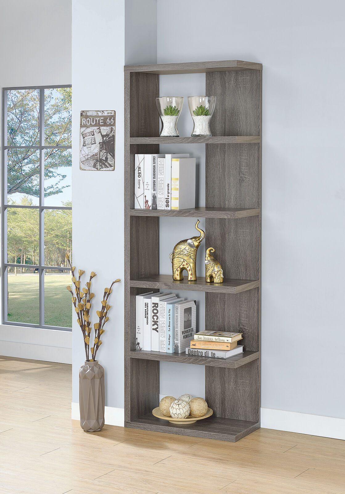 Coaster 5-Tier Semi-Backless Bookcase Shelf Weathered Grey Gray 800553