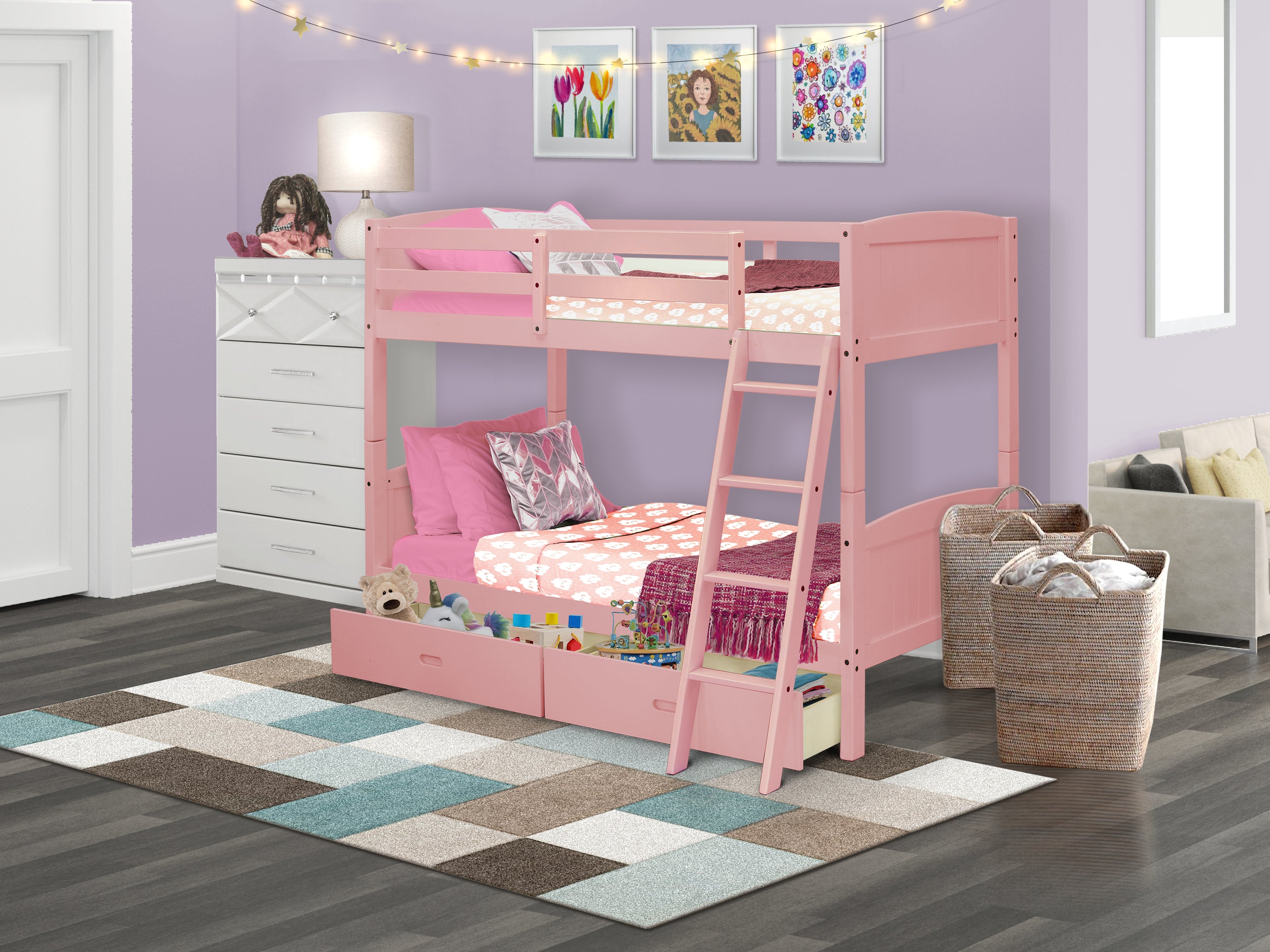 East West Furniture Albury Twin Bunk Bed in Pink Finish with Under Drawer