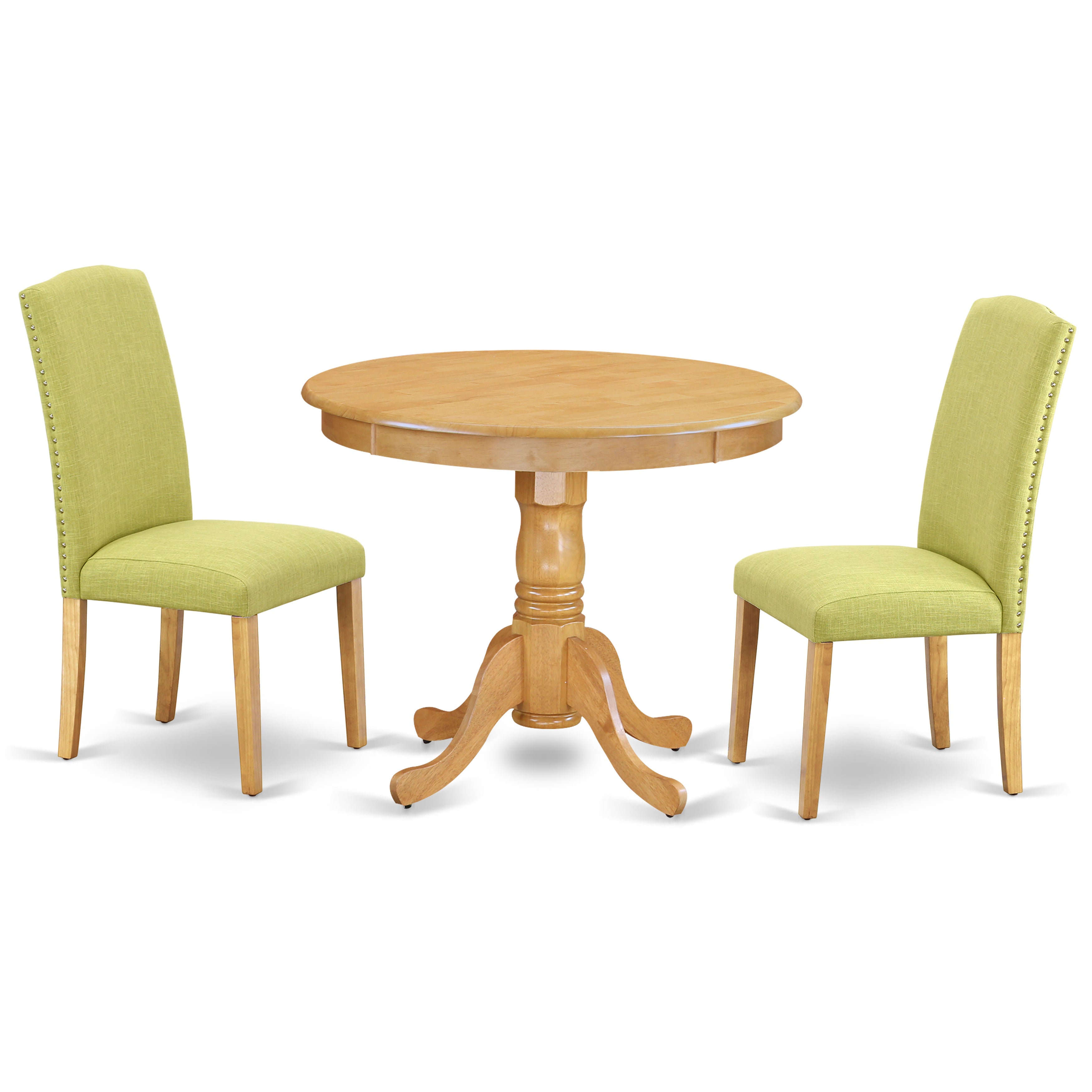 ANEN3-OAK-07 3Pc Rounded 36 Inch Dining Table And 2 Parson Chair With Oak Leg And Linen Fabric Limelight