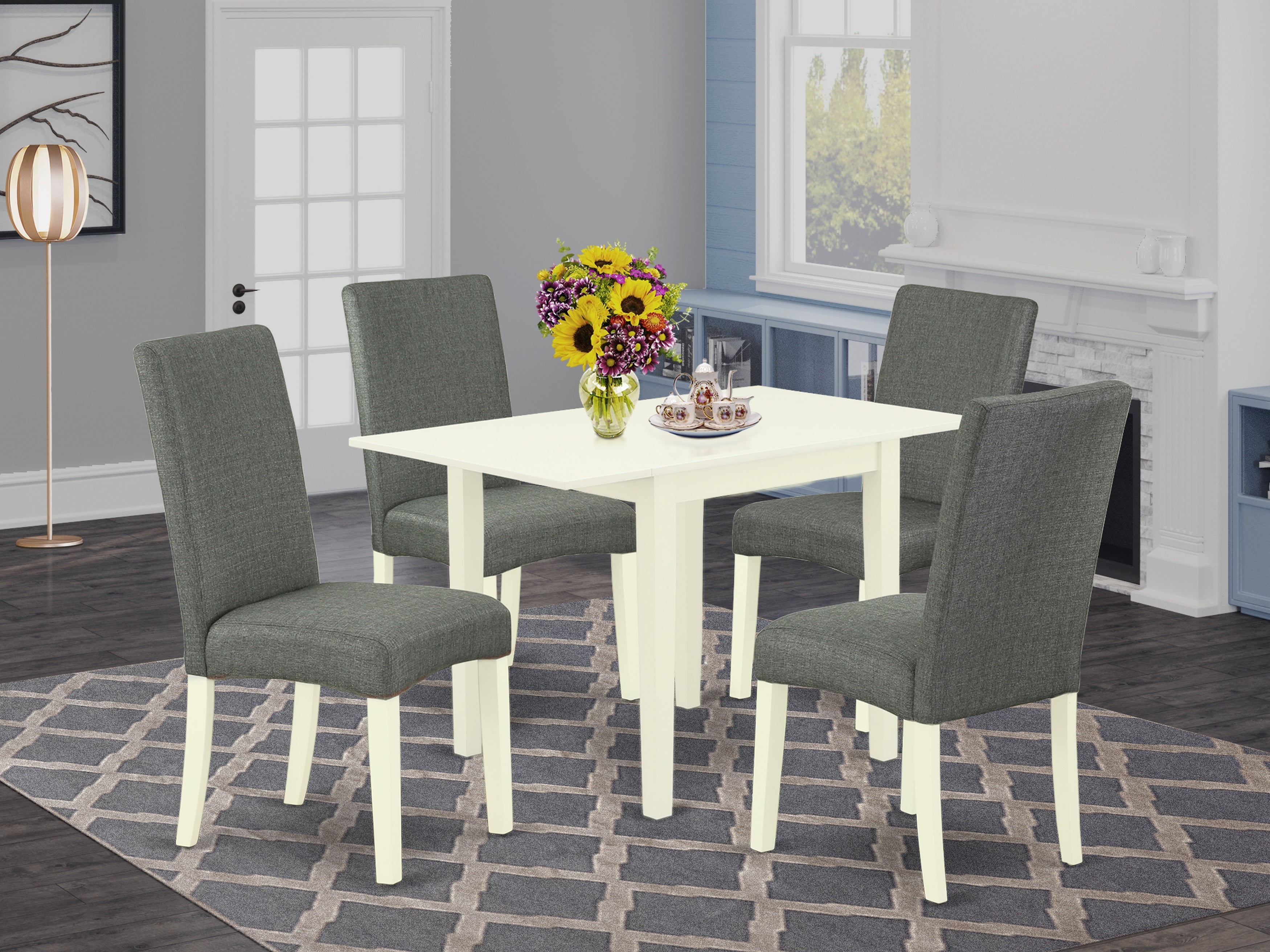 East West Furniture NDDR5-LWH-07 Dining Table Set 5 Pcs - 4 Dining Room Chairs and a Dinner Table - Linen White Finish Solid wood - Gray Color Linen Fabric