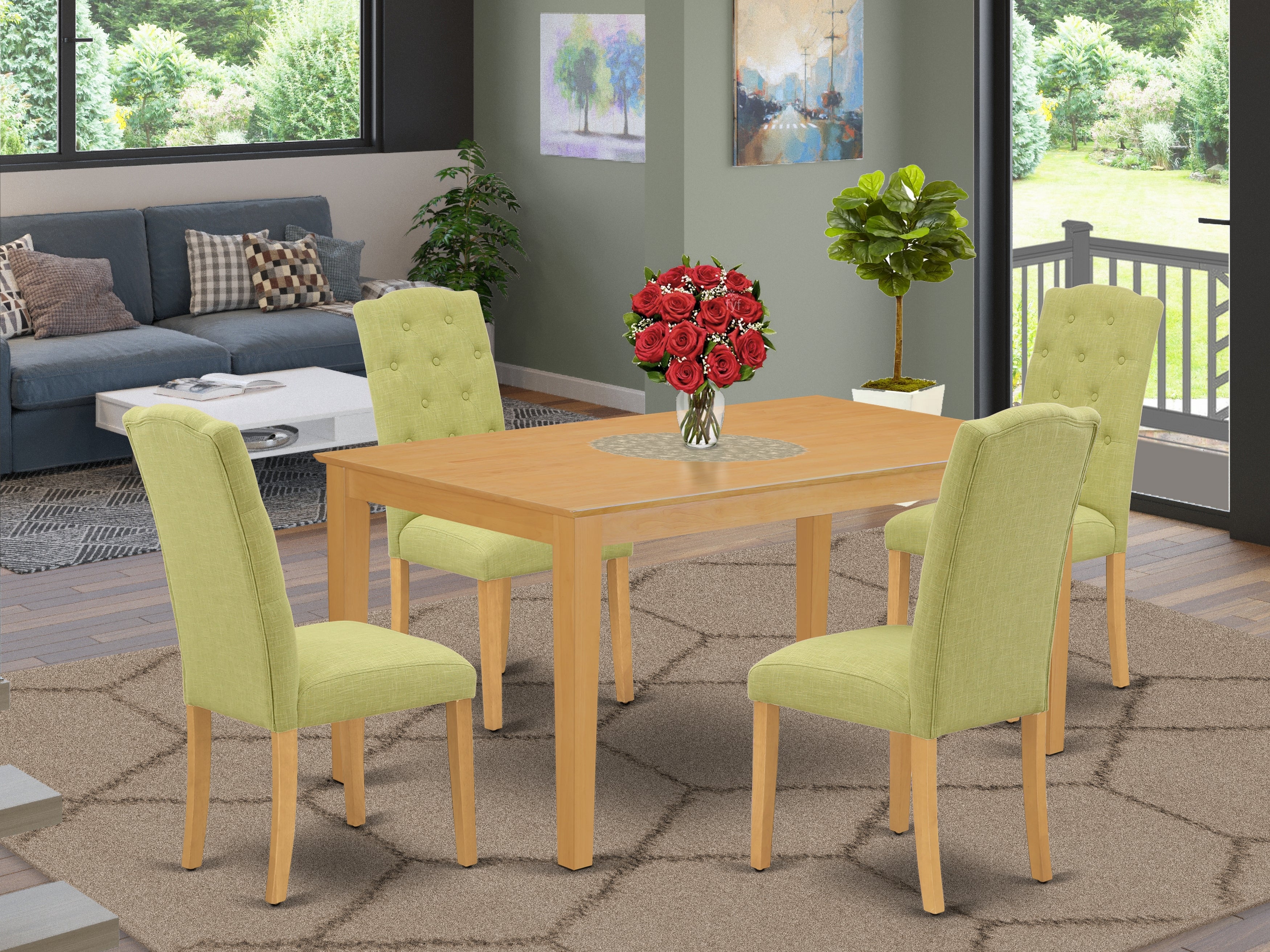 CACE5-OAK-07 5Pc Dining Set Includes a Rectangle Dinette Table and Four Parson Chairs with Lime Green Fabric, Oak Finish